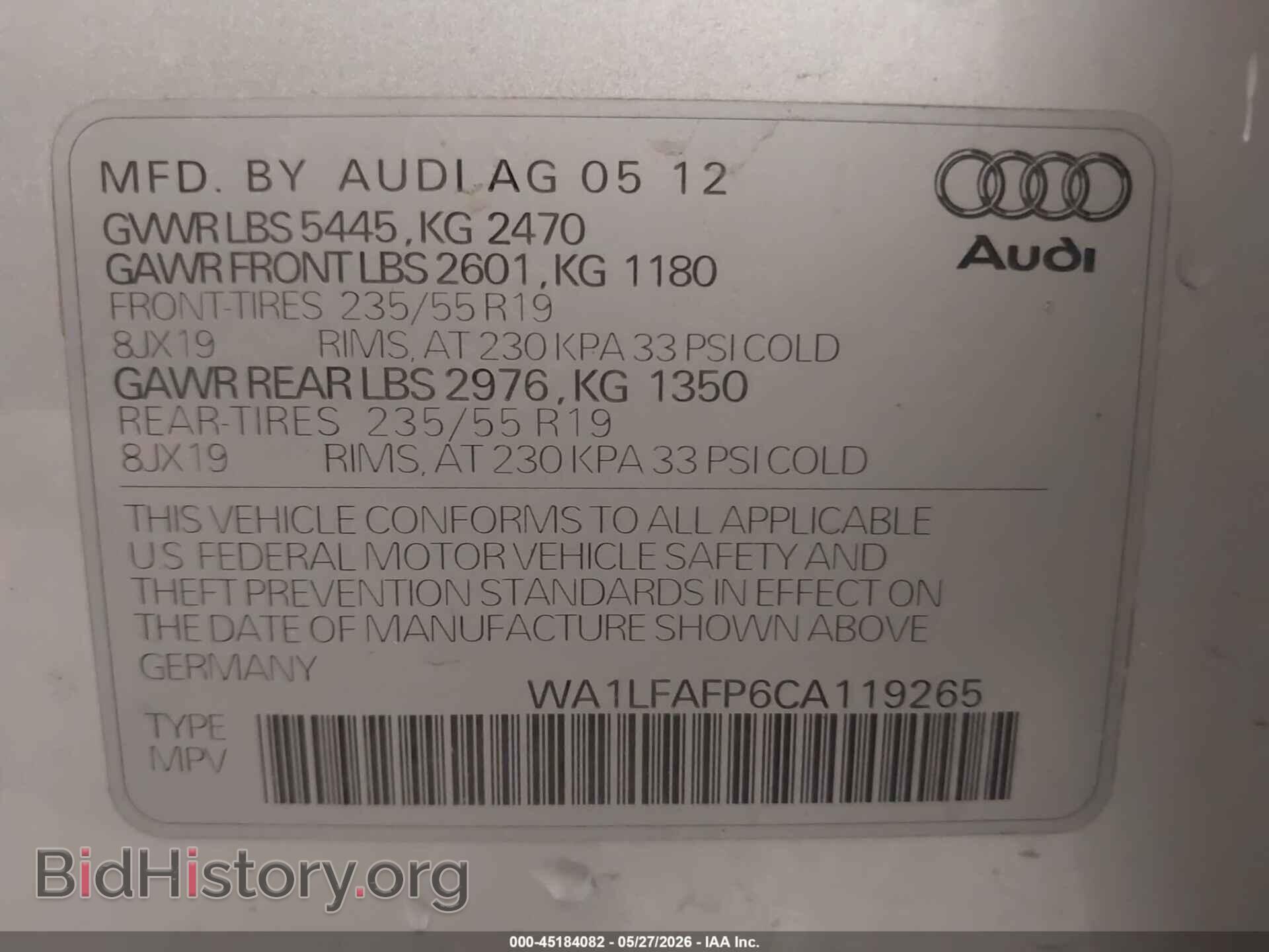 2012 AUDI Q5 - VIN: WA1LFAFP6CA119265 - Фото 9