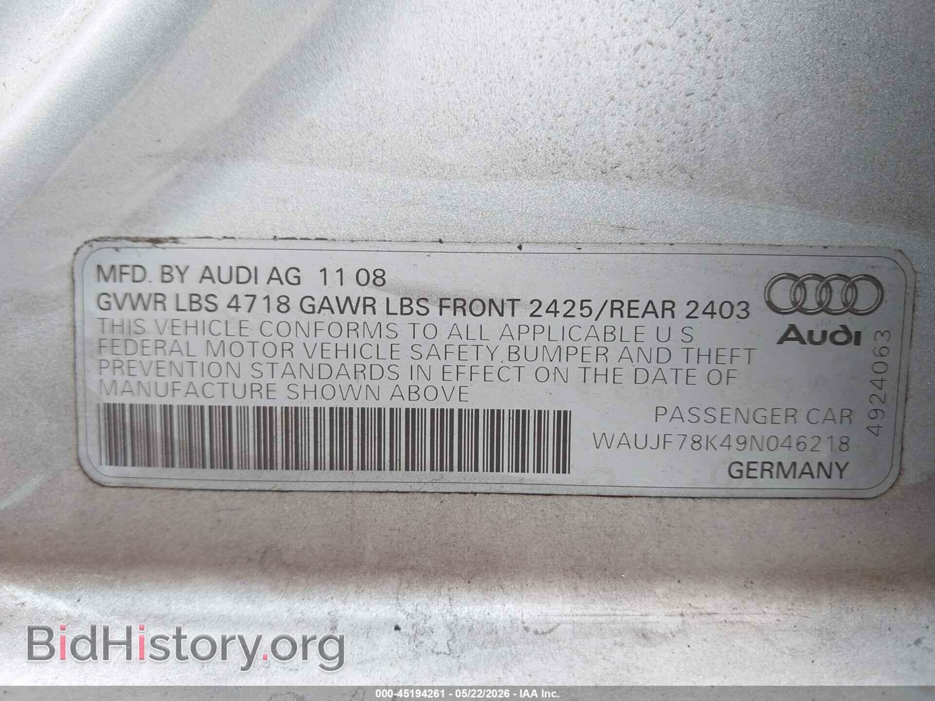 2009 AUDI A4 - VIN: WAUJF78K49N046218 - Фото 9