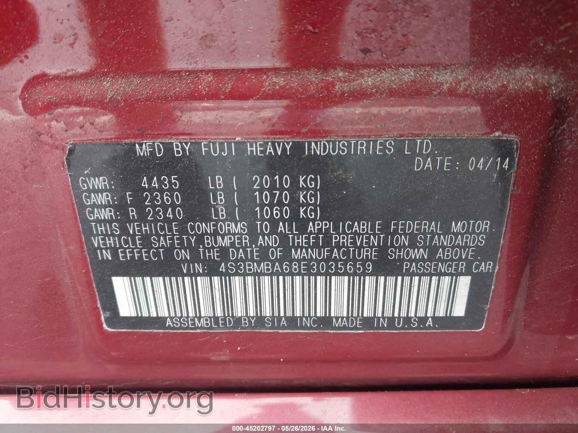 2014 SUBARU LEGACY - VIN: 4S3BMBA68E3035659 - Фото 9