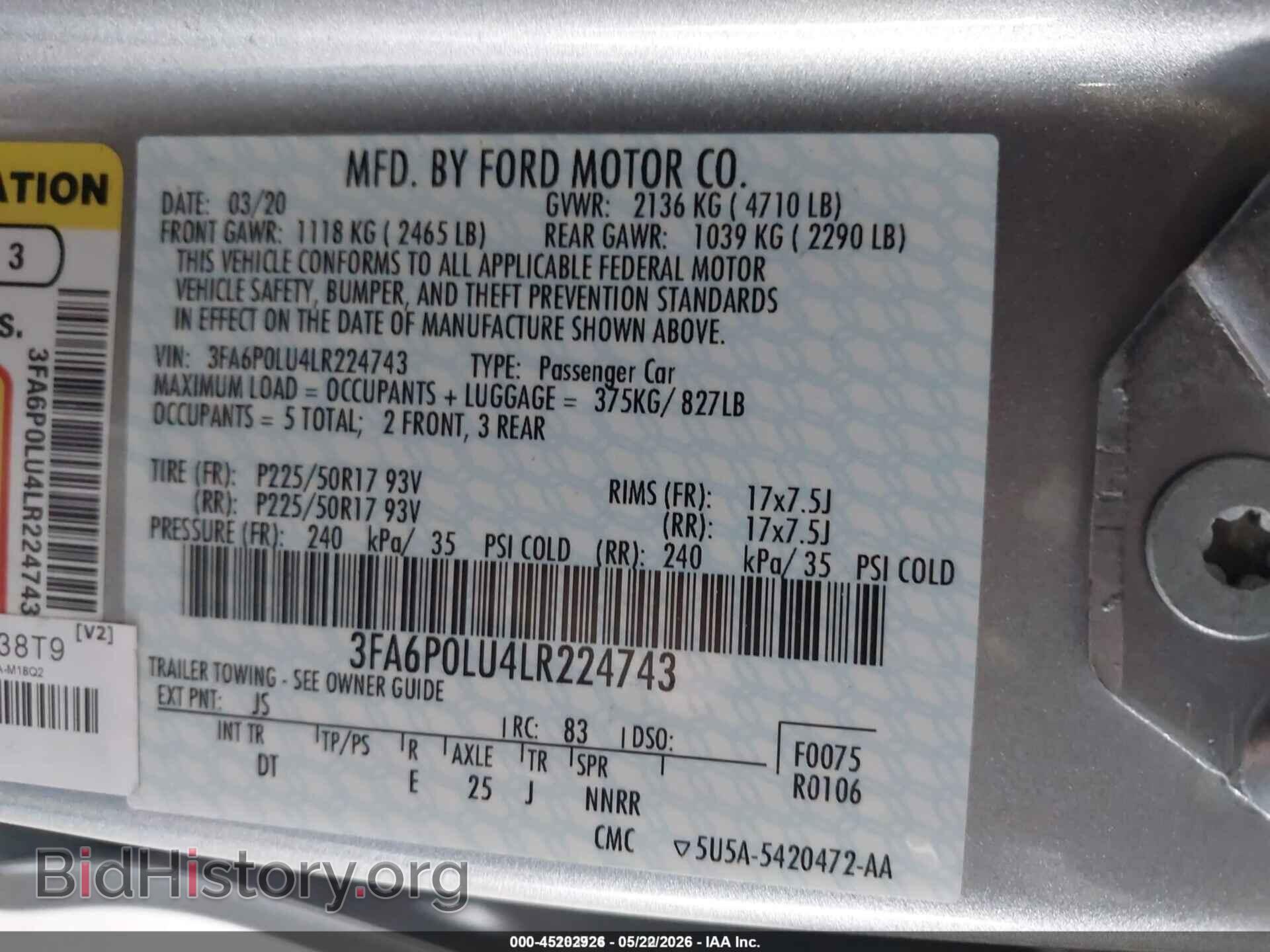 2020 FORD FUSION - VIN: 3FA6P0LU4LR224743 - Фото 9