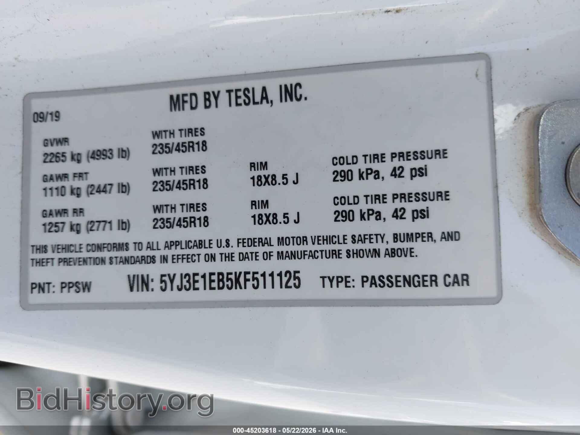 2019 TESLA MODEL 3 - VIN: 5YJ3E1EB5KF511125 - Фото 9