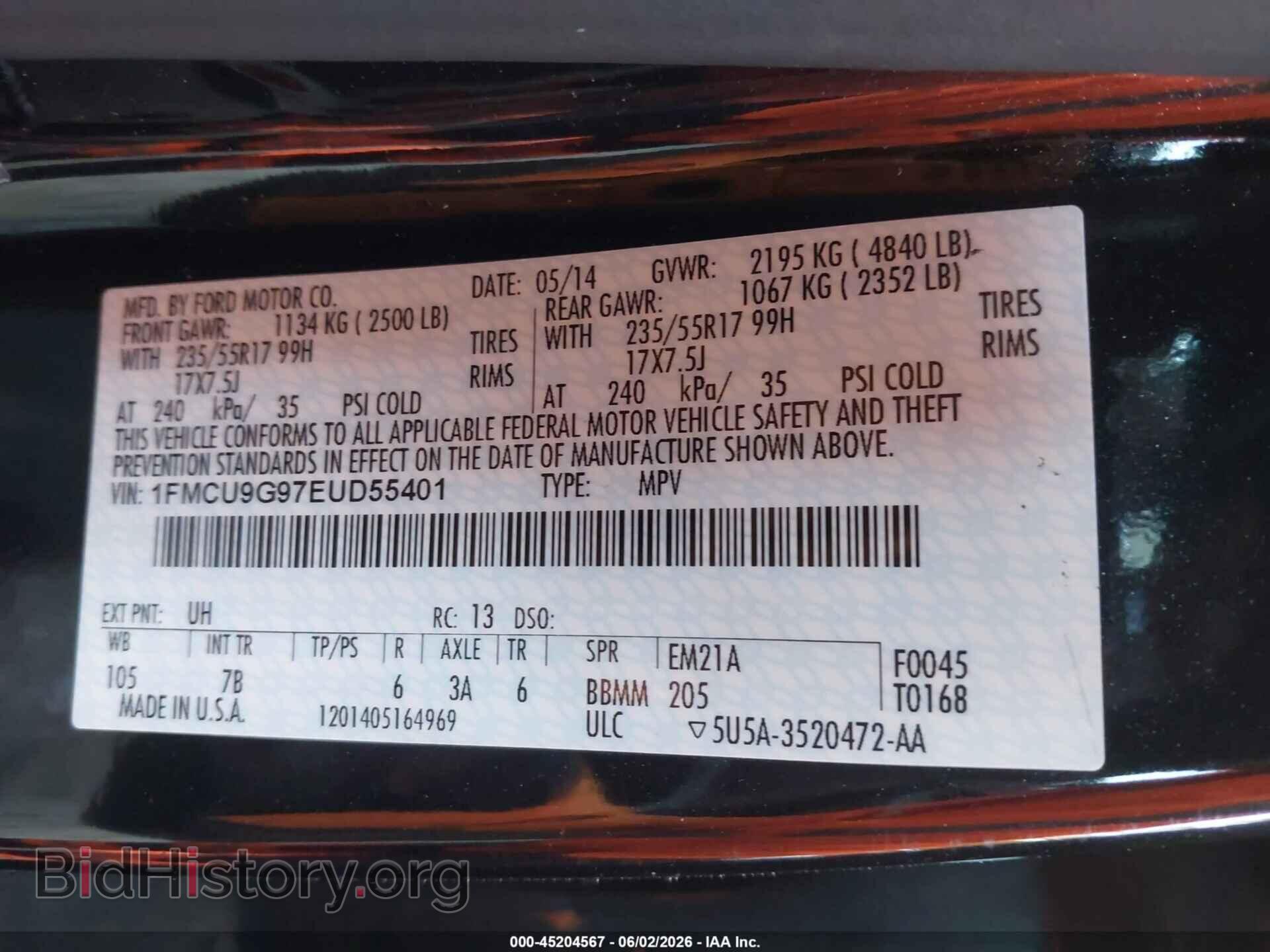 2014 FORD ESCAPE - VIN: 1FMCU9G97EUD55401 - Фото 9