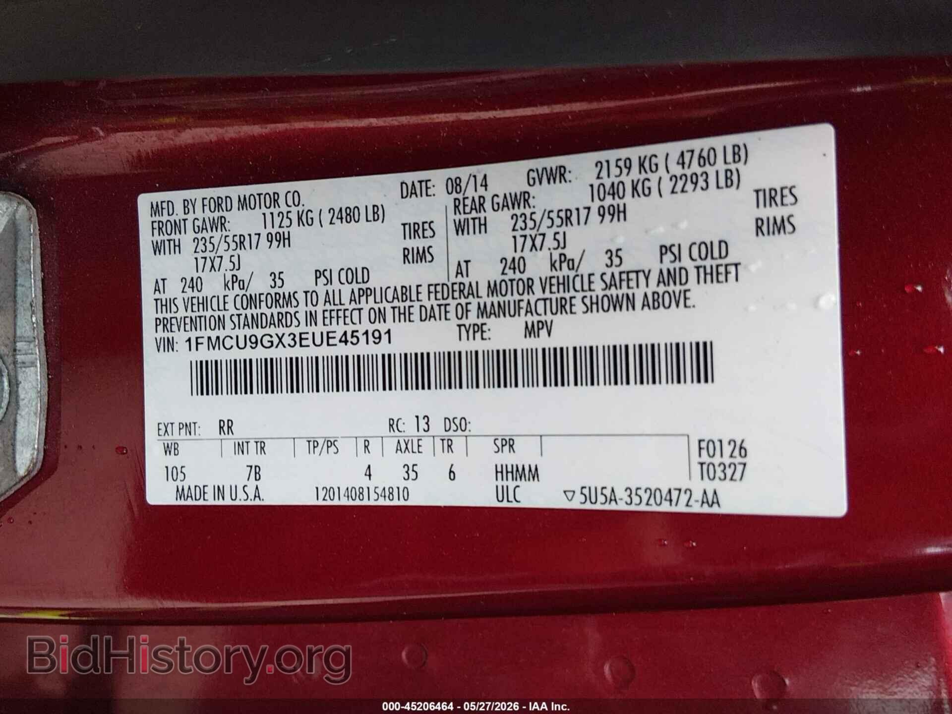 2014 FORD ESCAPE - VIN: 1FMCU9GX3EUE45191 - Photo 9