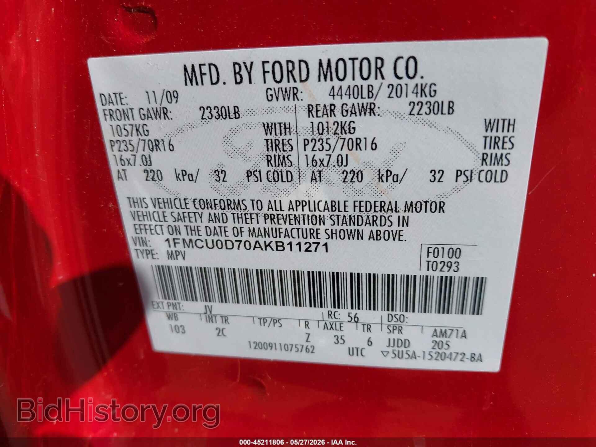 2010 FORD ESCAPE - VIN: 1FMCU0D70AKB11271 - Фото 9