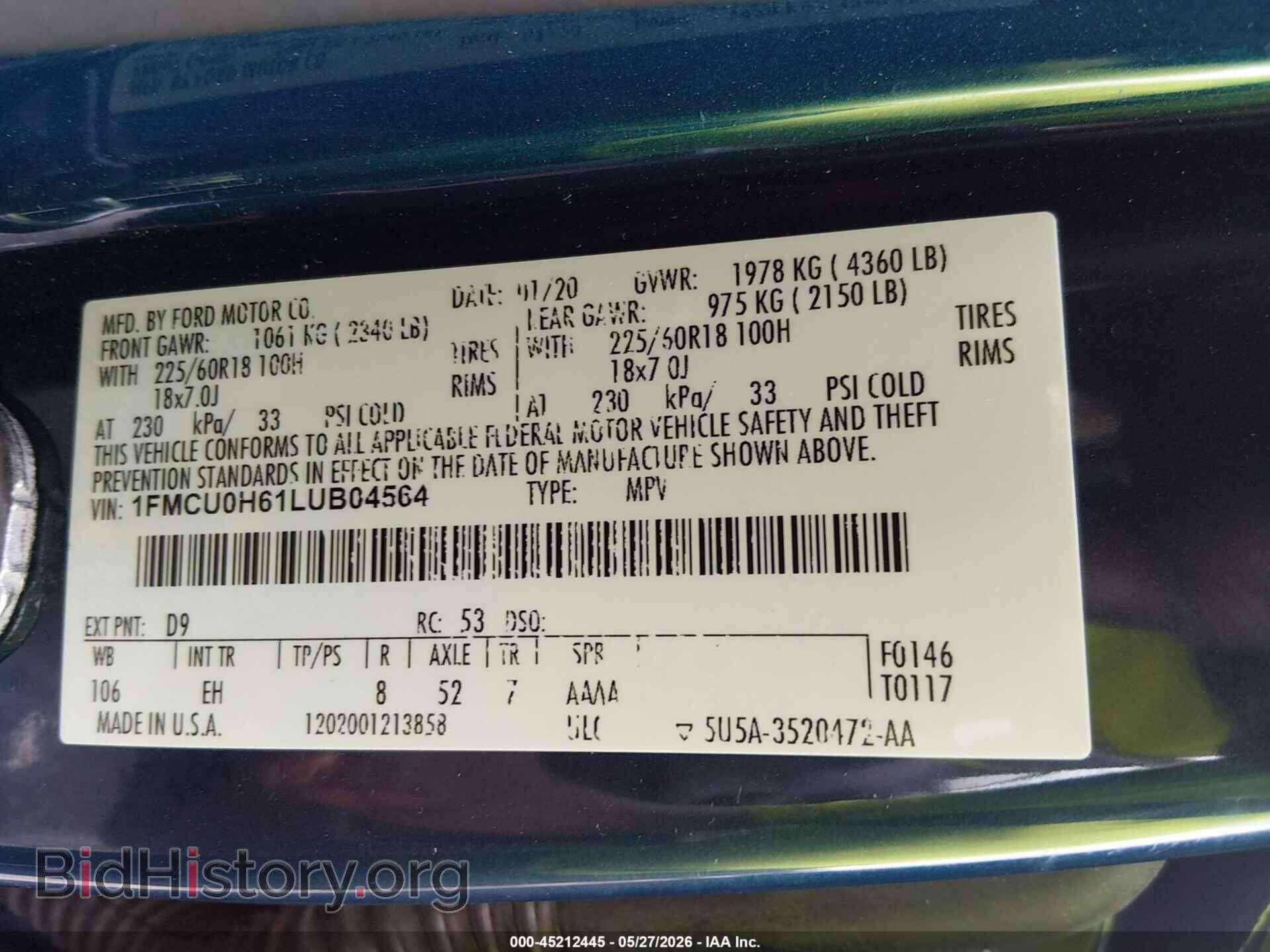 2020 FORD ESCAPE - VIN: 1FMCU0H61LUB04564 - Фото 9