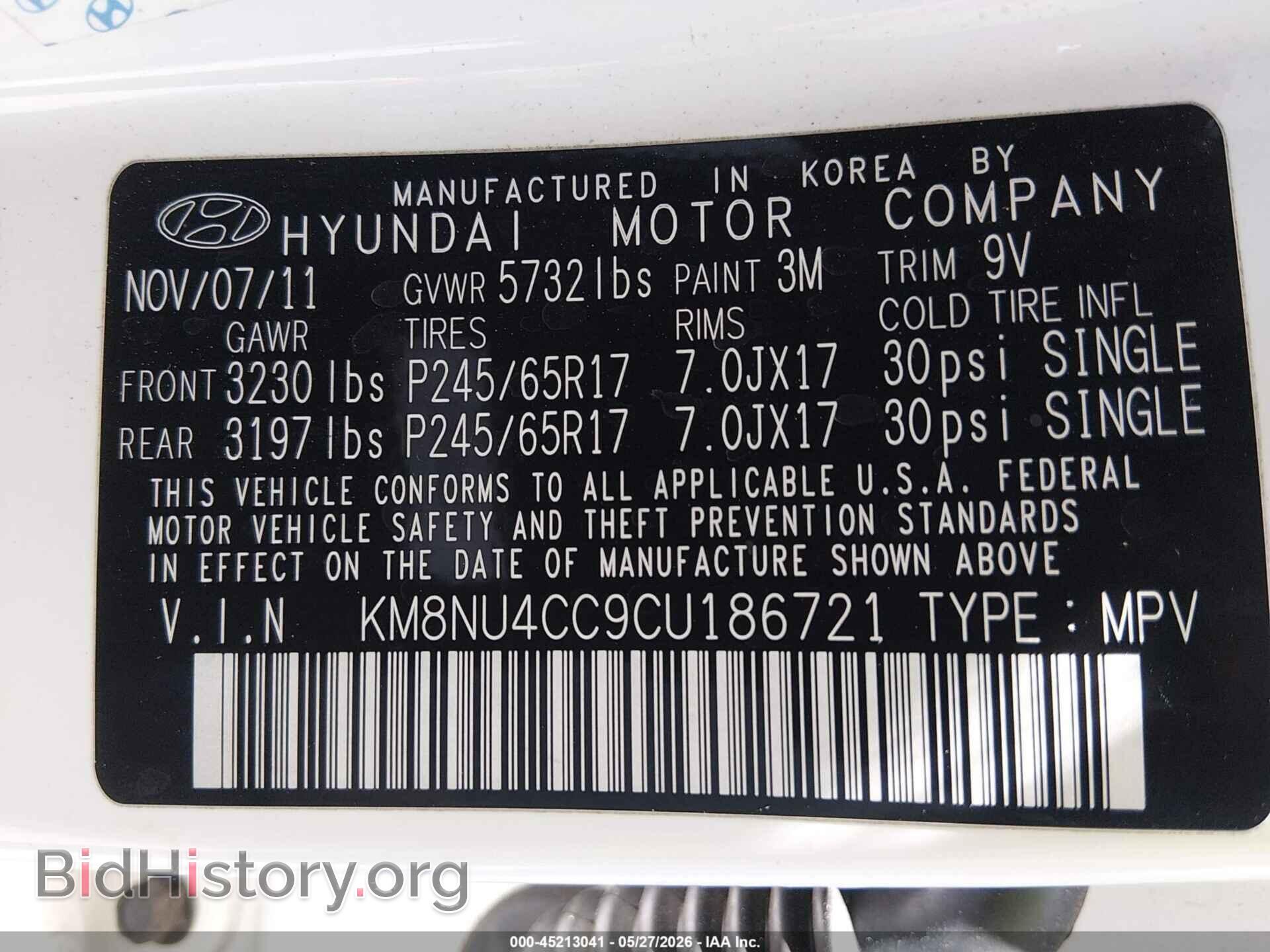 2012 HYUNDAI VERACRUZ - VIN: KM8NU4CC9CU186721 - Фото 9