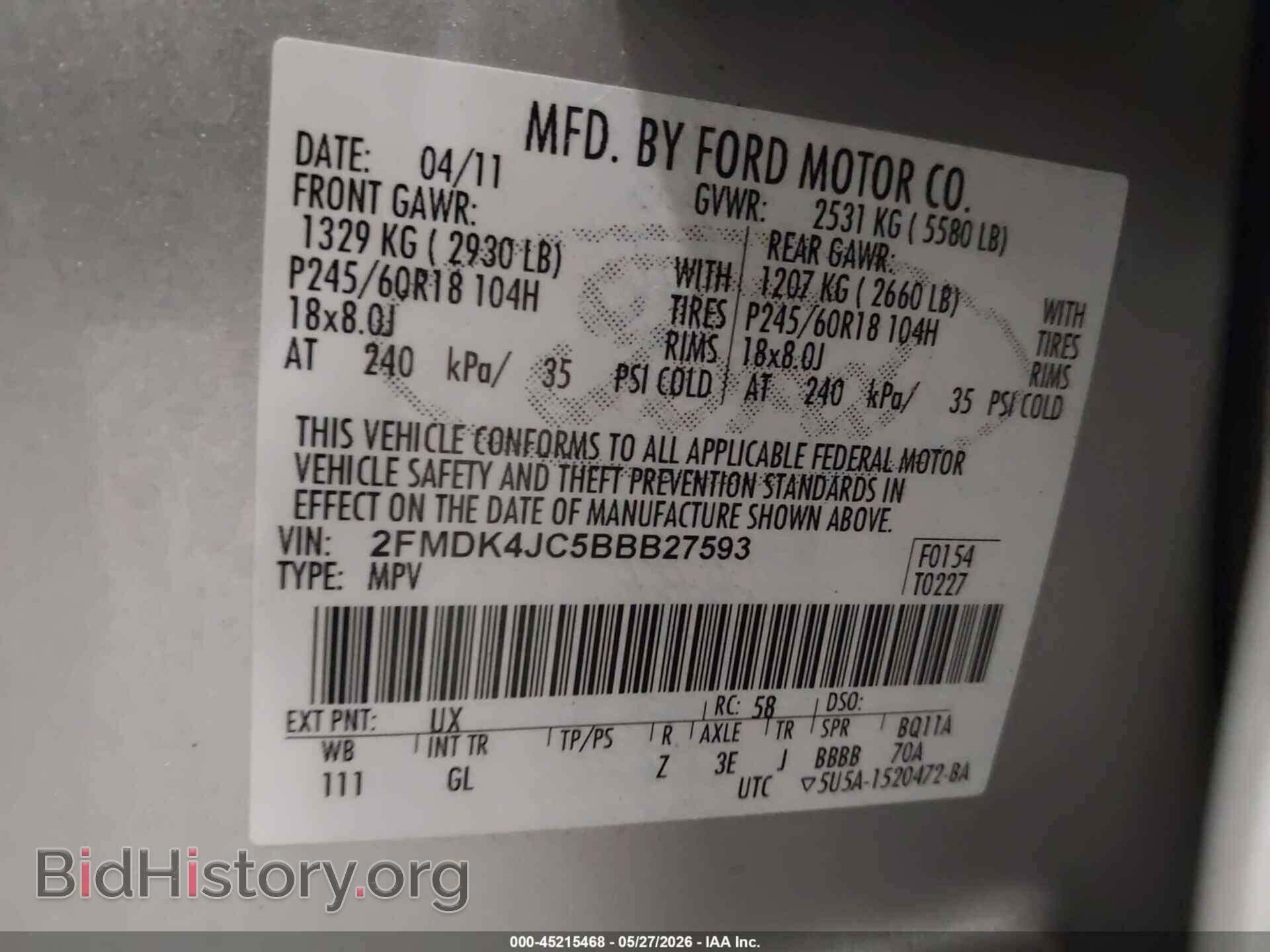 2011 FORD EDGE - VIN: 2FMDK4JC5BBB27593 - Фото 9