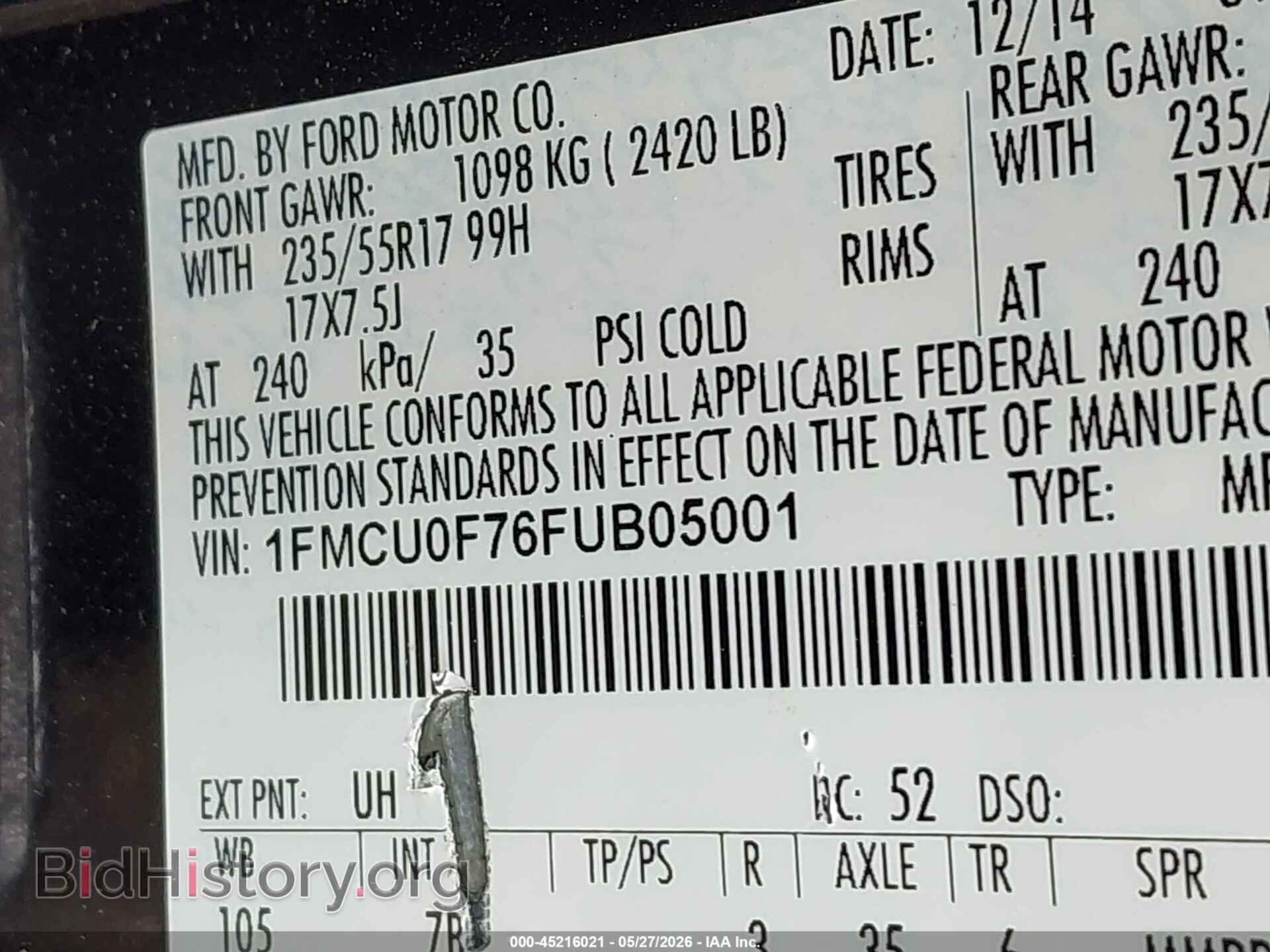 2015 FORD ESCAPE - VIN: 1FMCU0F76FUB05001 - Фото 9