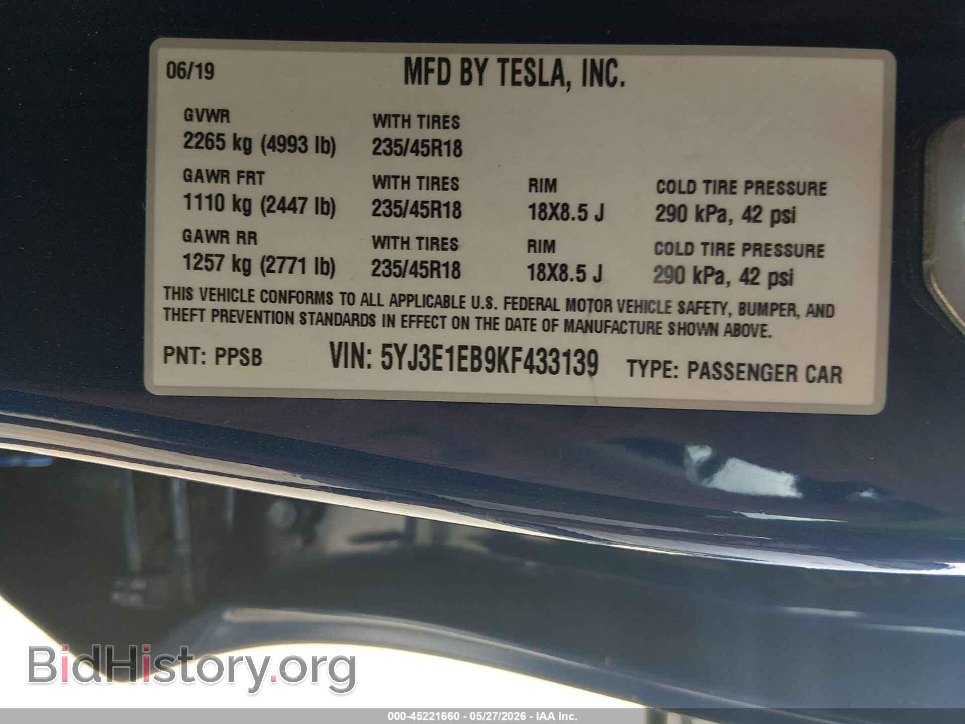 2019 TESLA MODEL 3 - VIN: 5YJ3E1EB9KF433139 - Фото 9