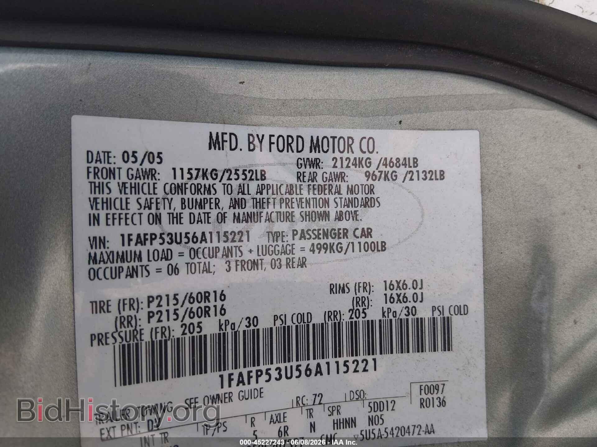 2006 FORD TAURUS - VIN: 1FAFP53U56A115221 - Фото 9