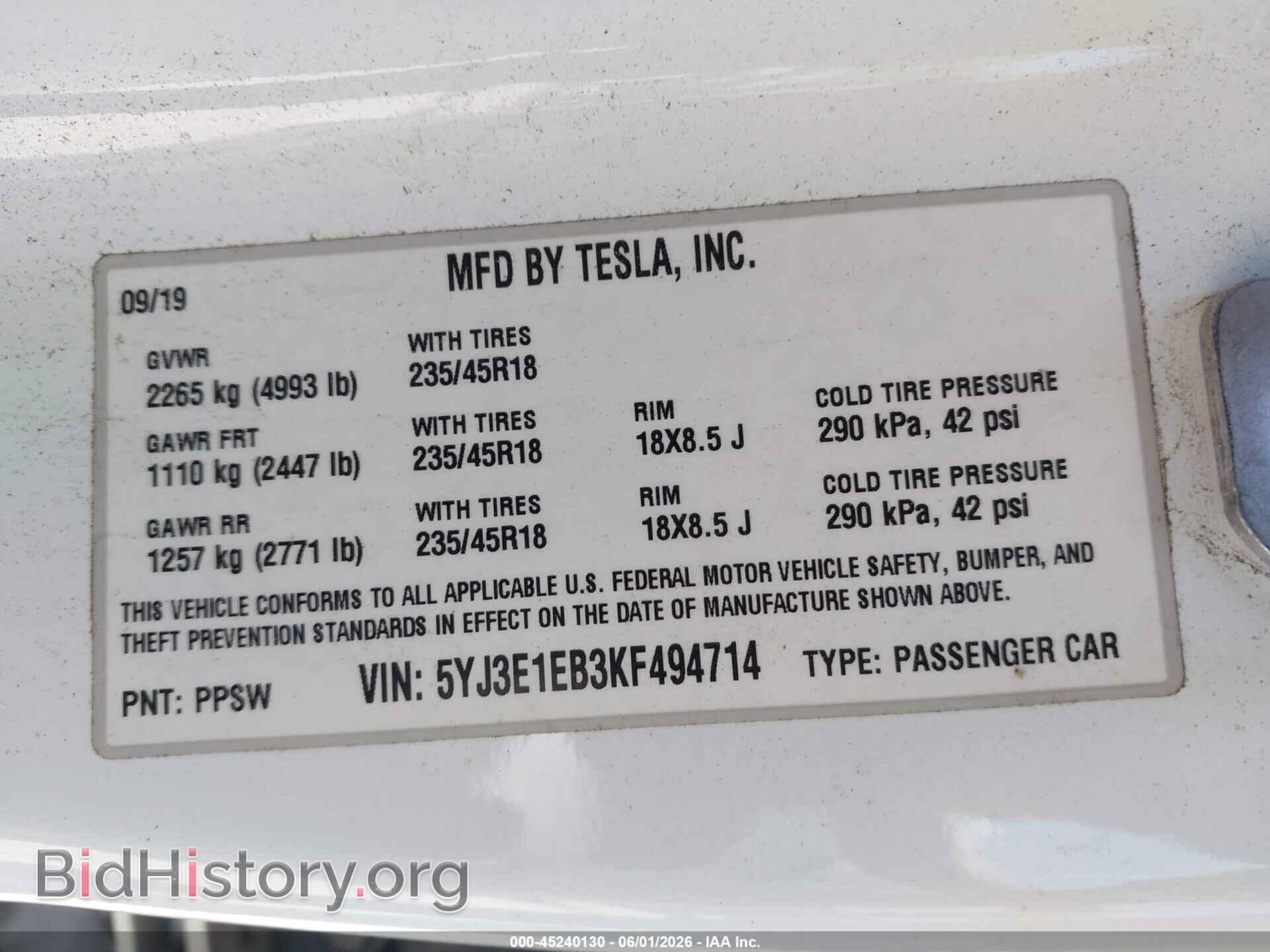2019 TESLA MODEL 3 - VIN: 5YJ3E1EB3KF494714 - Photo 9
