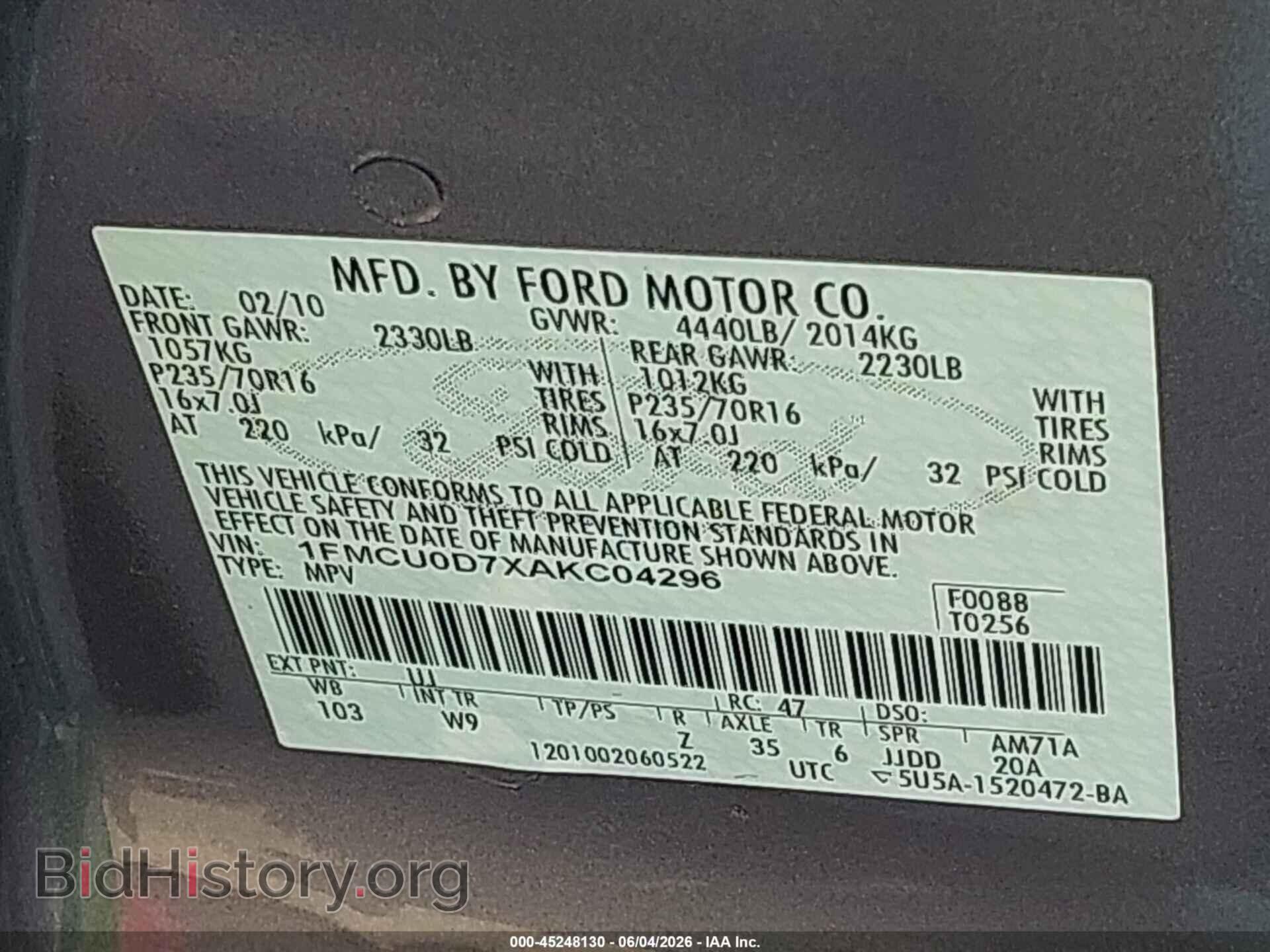 2010 FORD ESCAPE - VIN: 1FMCU0D7XAKC04296 - Фото 9