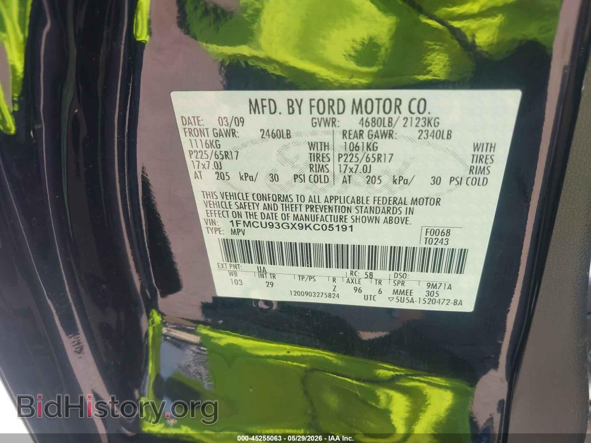 2009 FORD ESCAPE - VIN: 1FMCU93GX9KC05191 - Фото 9