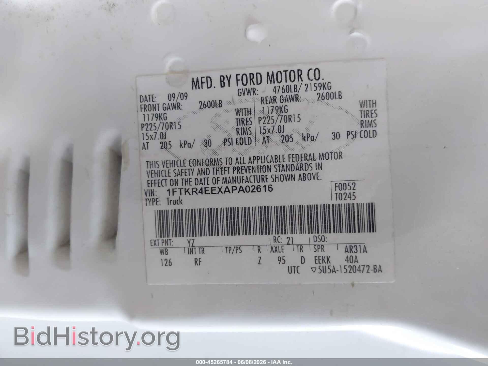 2010 FORD RANGER - VIN: 1FTKR4EEXAPA02616 - Photo 9