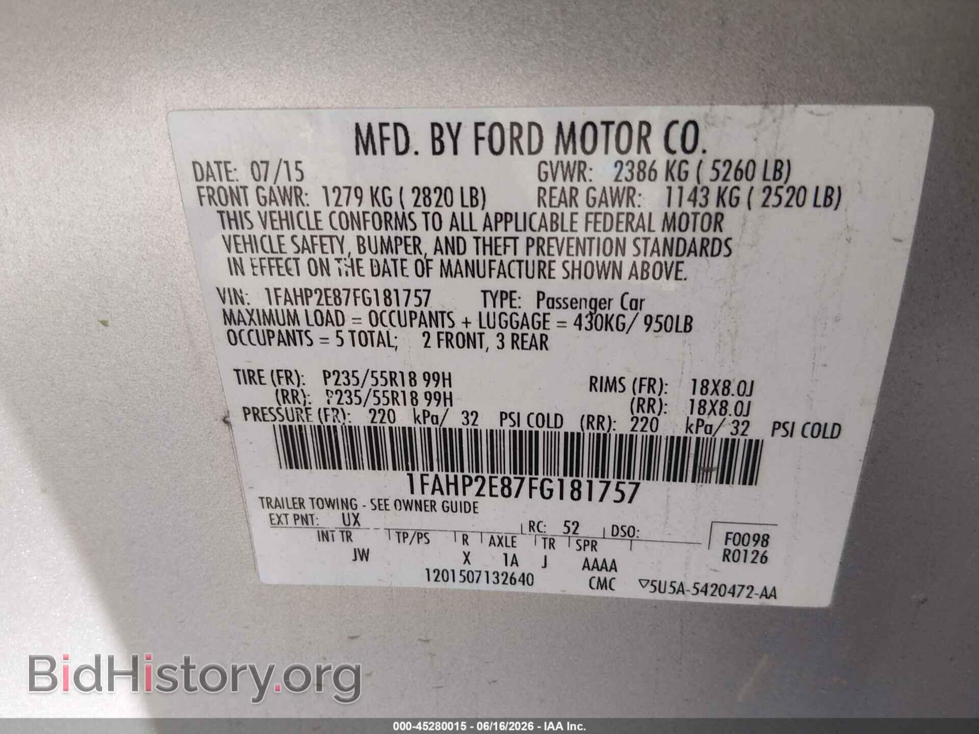 2015 FORD TAURUS - VIN: 1FAHP2E87FG181757 - Photo 9