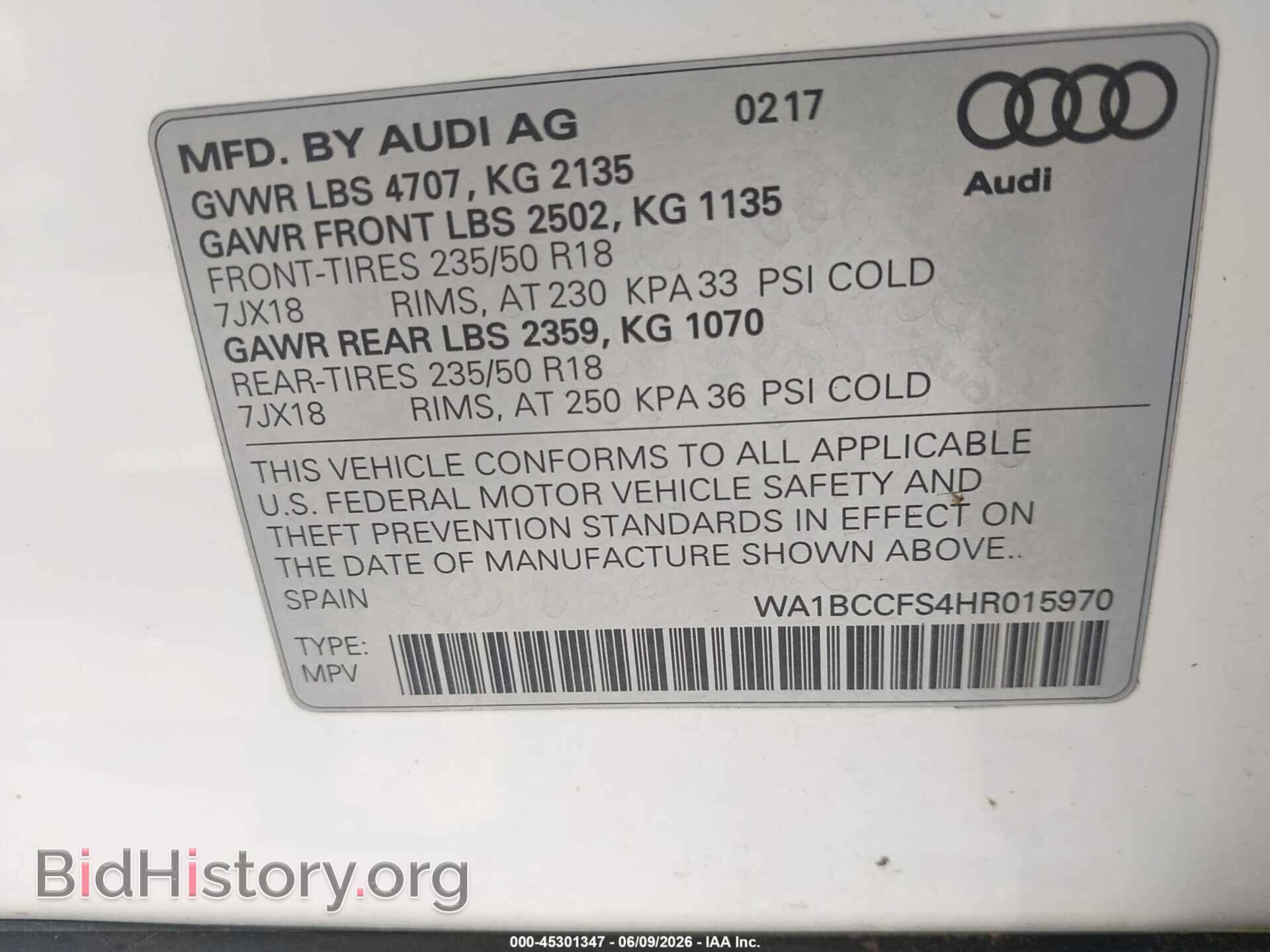 2017 AUDI Q3 - VIN: WA1BCCFS4HR015970 - Фото 9