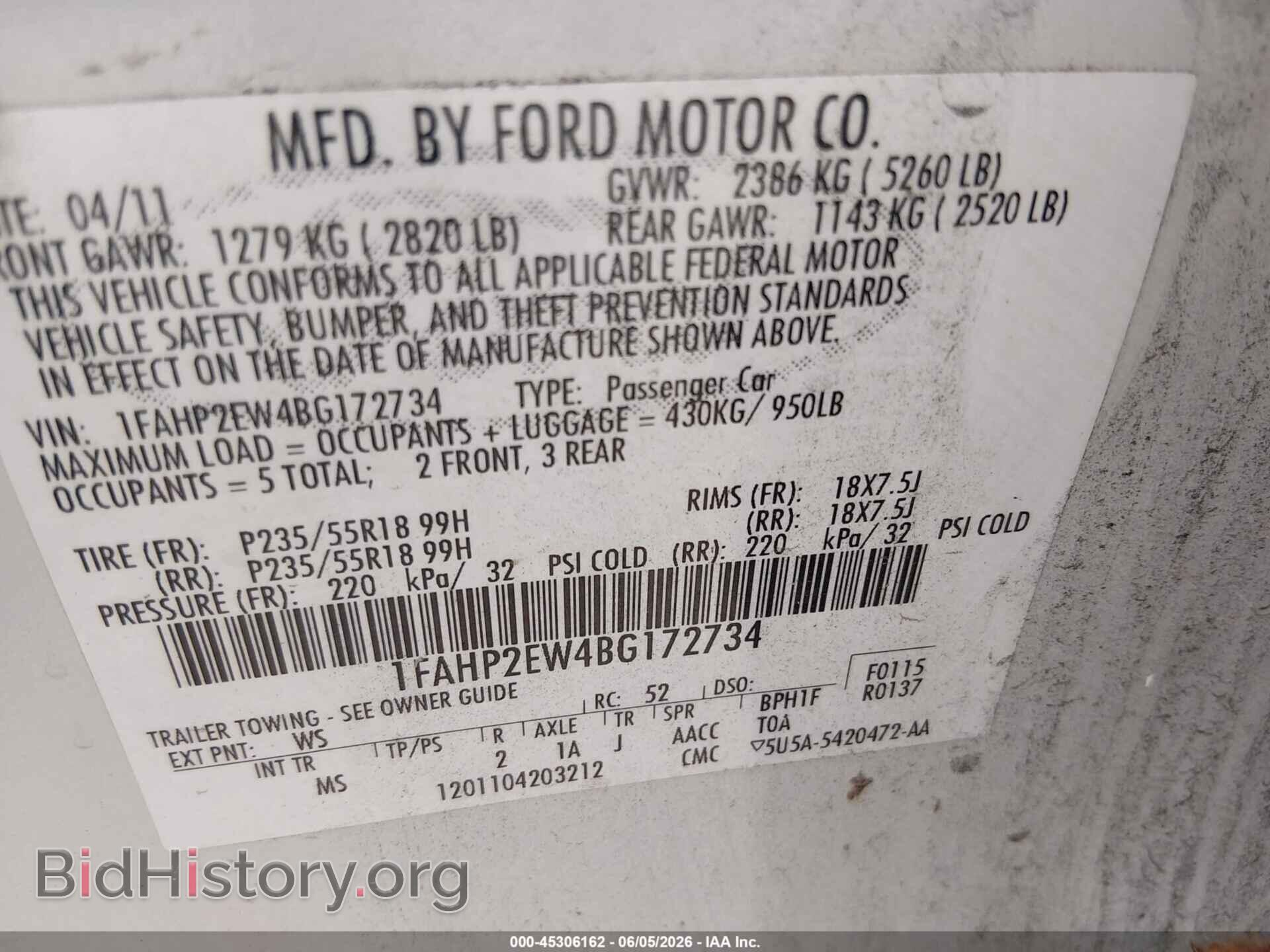 2011 FORD TAURUS - VIN: 1FAHP2EW4BG172734 - Фото 9