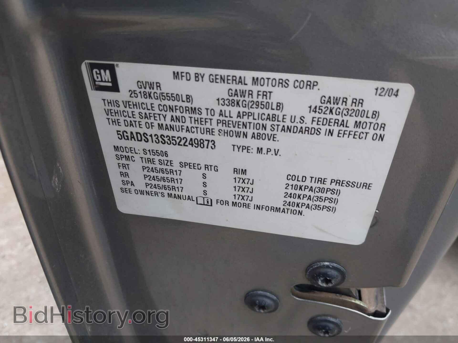 2005 BUICK RAINIER - VIN: 5GADS13S352249873 - Фото 9