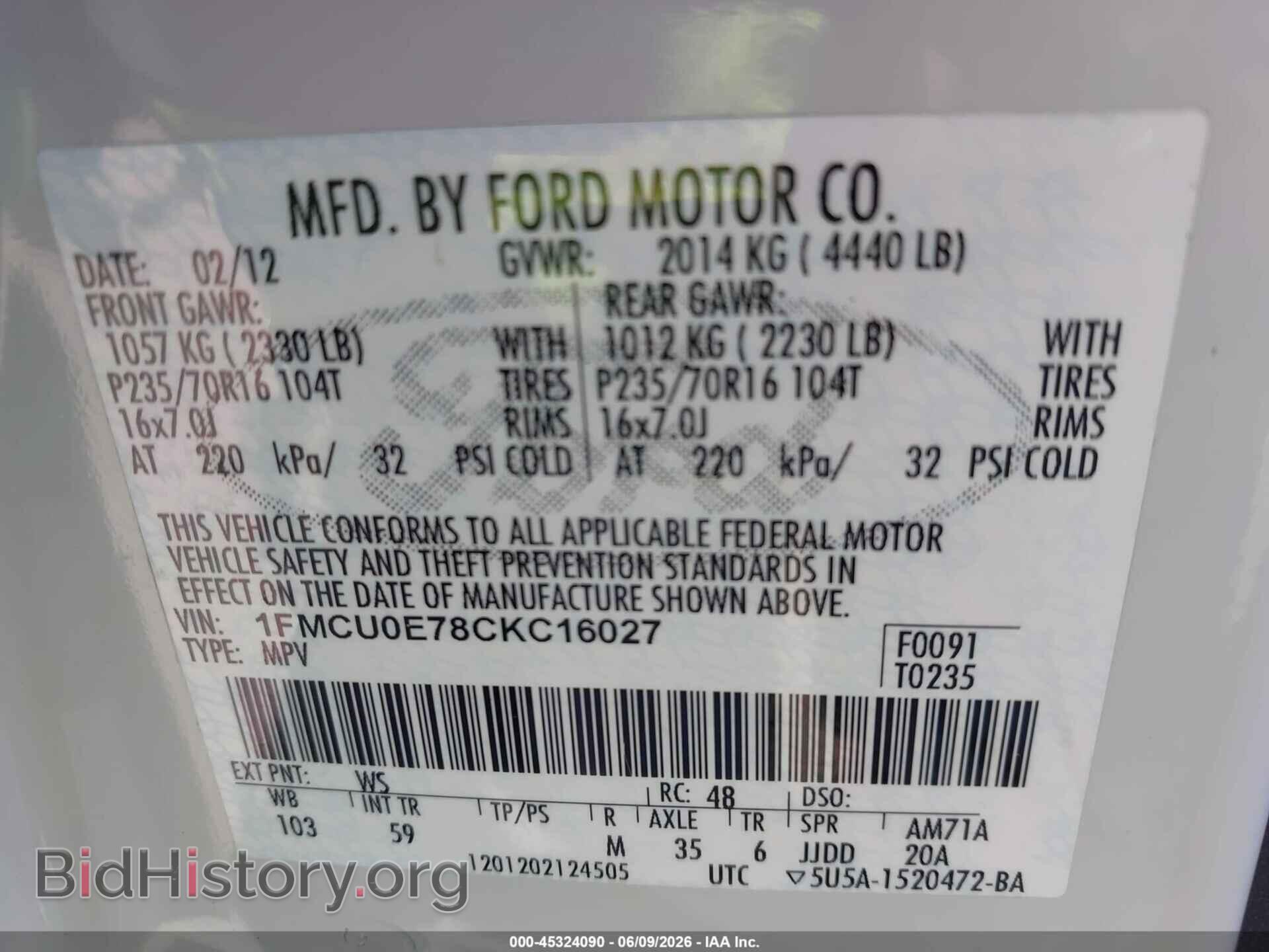 2012 FORD ESCAPE - VIN: 1FMCU0E78CKC16027 - Фото 9