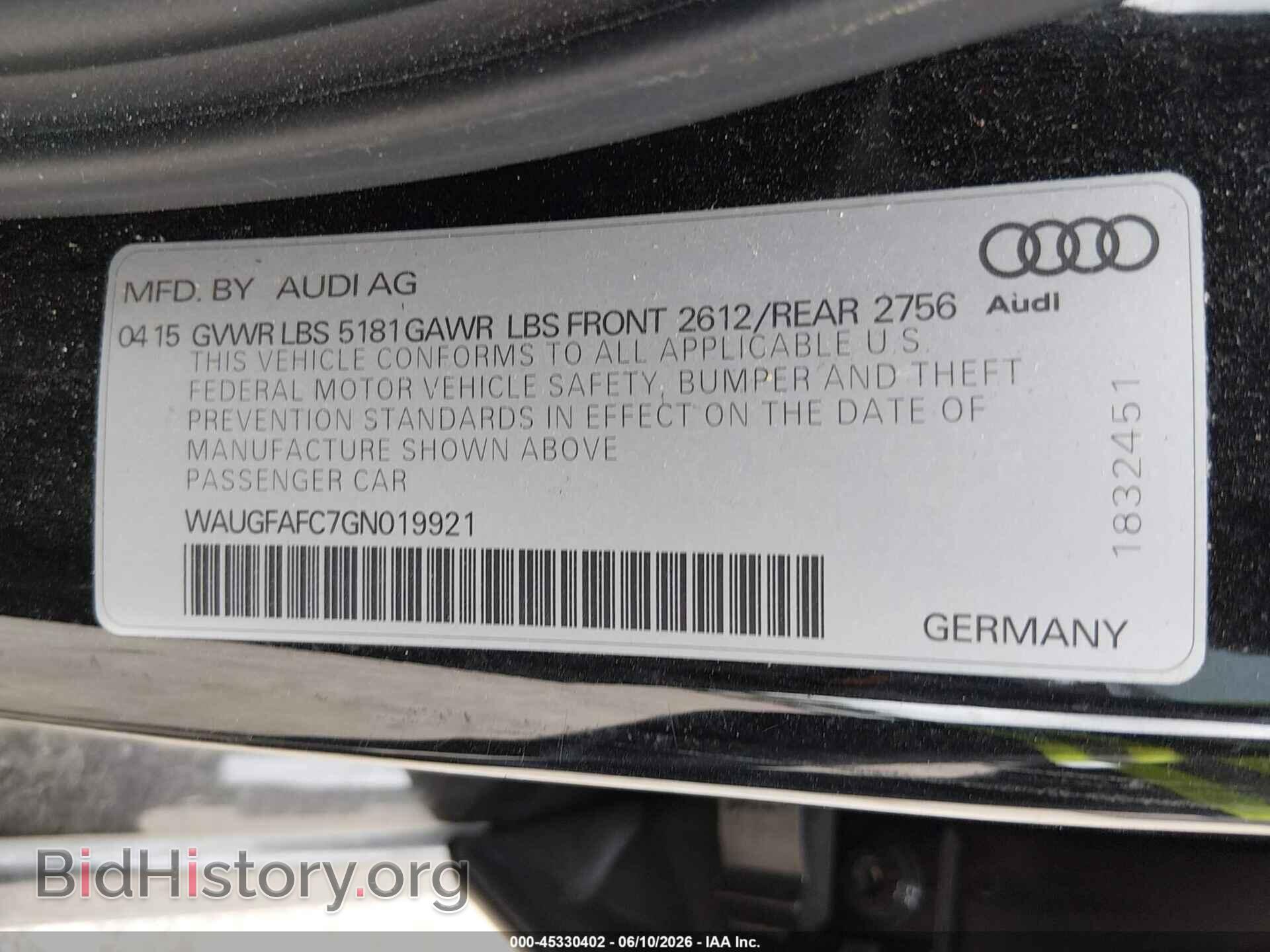 2016 AUDI A6 - VIN: WAUGFAFC7GN019921 - Фото 9