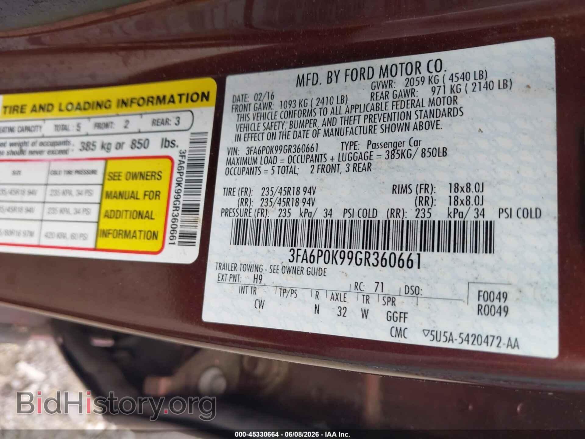 2016 FORD FUSION - VIN: 3FA6P0K99GR360661 - Photo 9