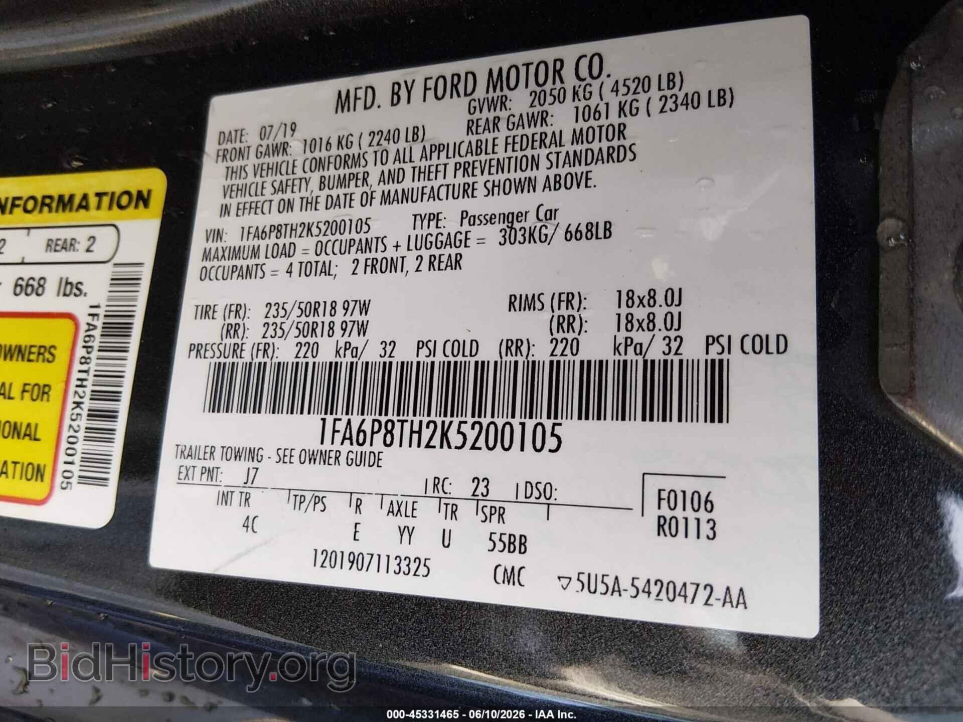 2019 FORD MUSTANG - VIN: 1FA6P8TH2K5200105 - Фото 9