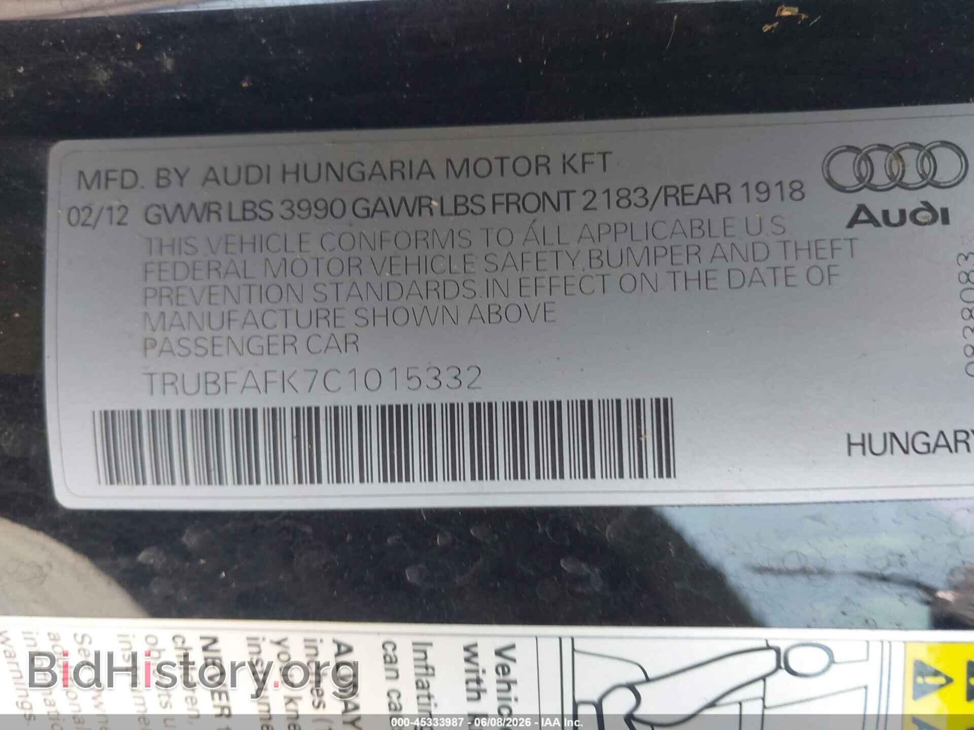2012 AUDI TT - VIN: TRUBFAFK7C1015332 - Photo 9