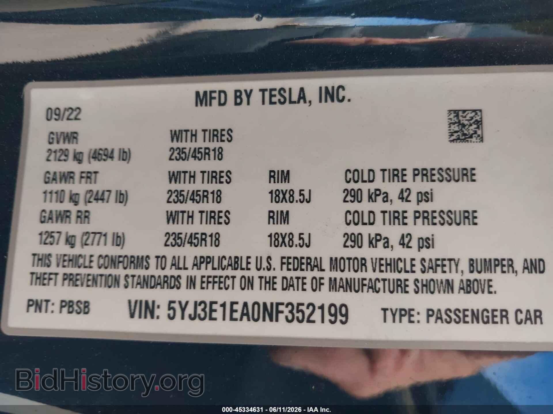 2022 TESLA MODEL 3 - VIN: 5YJ3E1EA0NF352199 - Фото 9