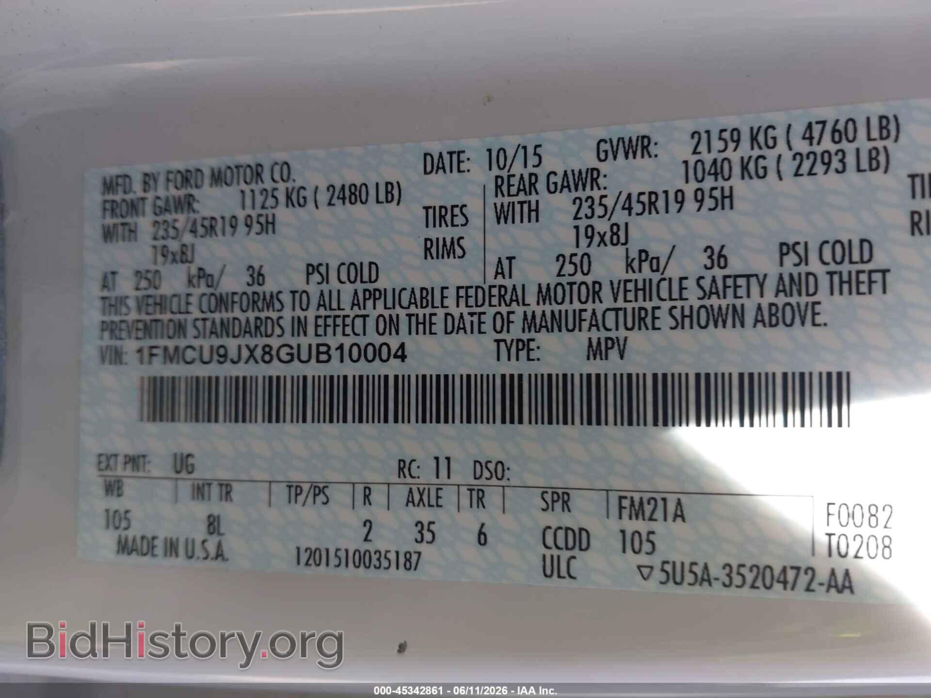 2016 FORD ESCAPE - VIN: 1FMCU9JX8GUB10004 - Фото 9