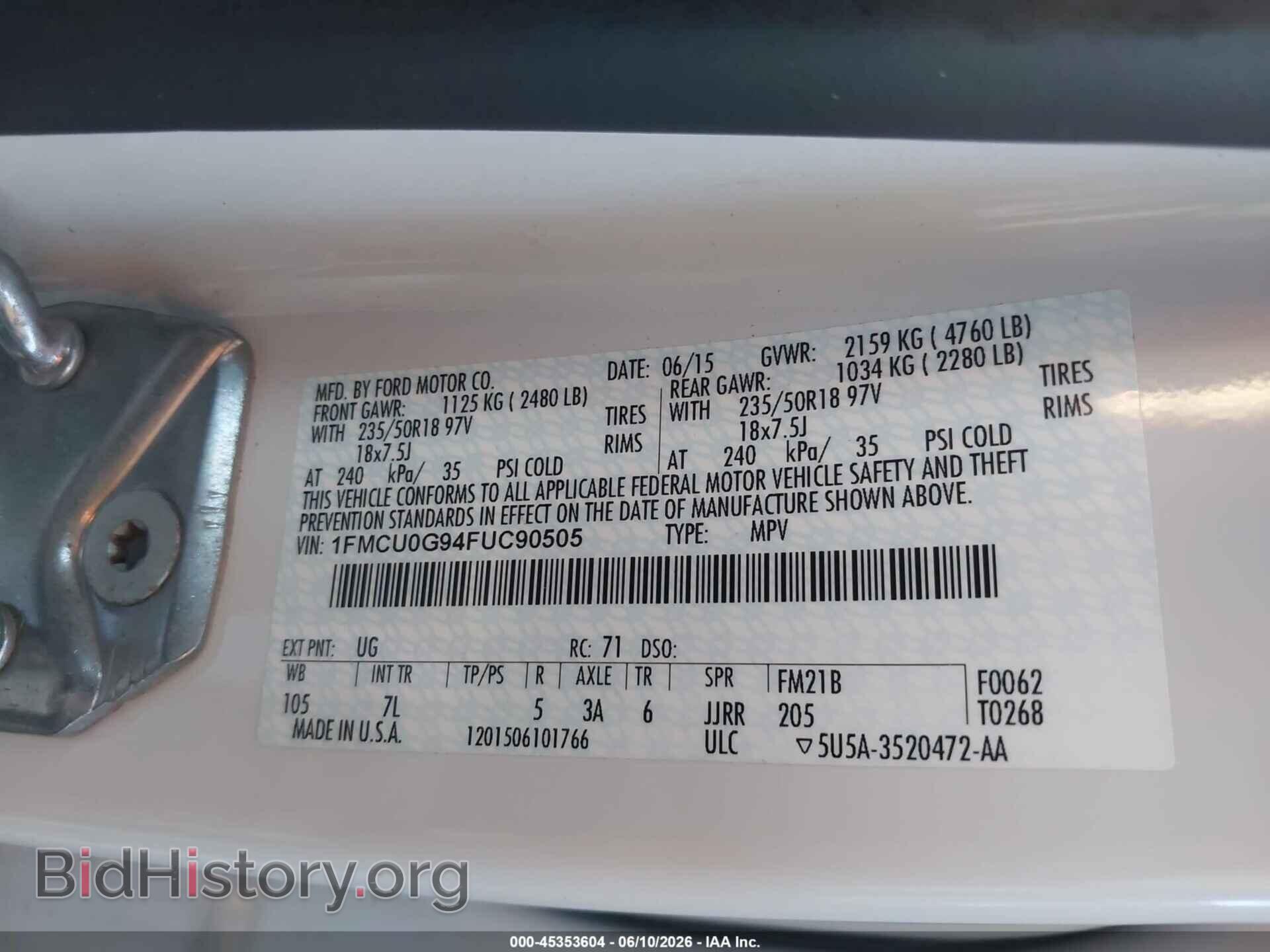 2015 FORD ESCAPE - VIN: 1FMCU0G94FUC90505 - Фото 9