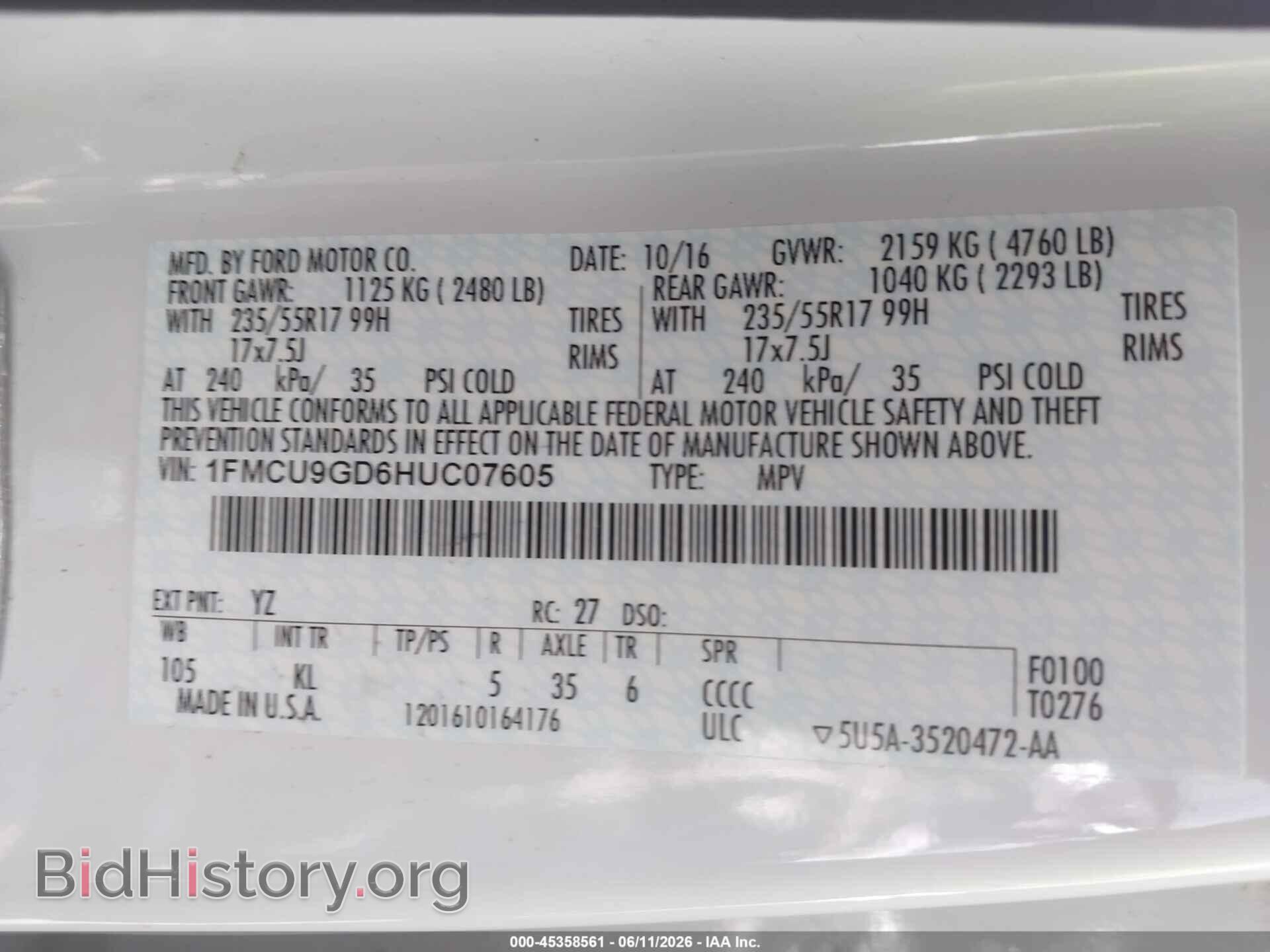 2017 FORD ESCAPE - VIN: 1FMCU9GD6HUC07605 - Фото 9
