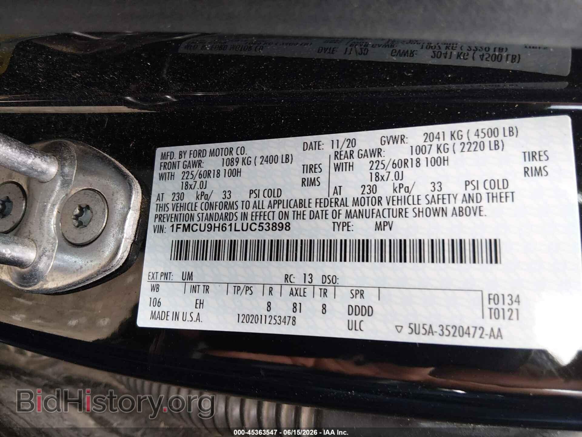 2020 FORD ESCAPE - VIN: 1FMCU9H61LUC53898 - Фото 9