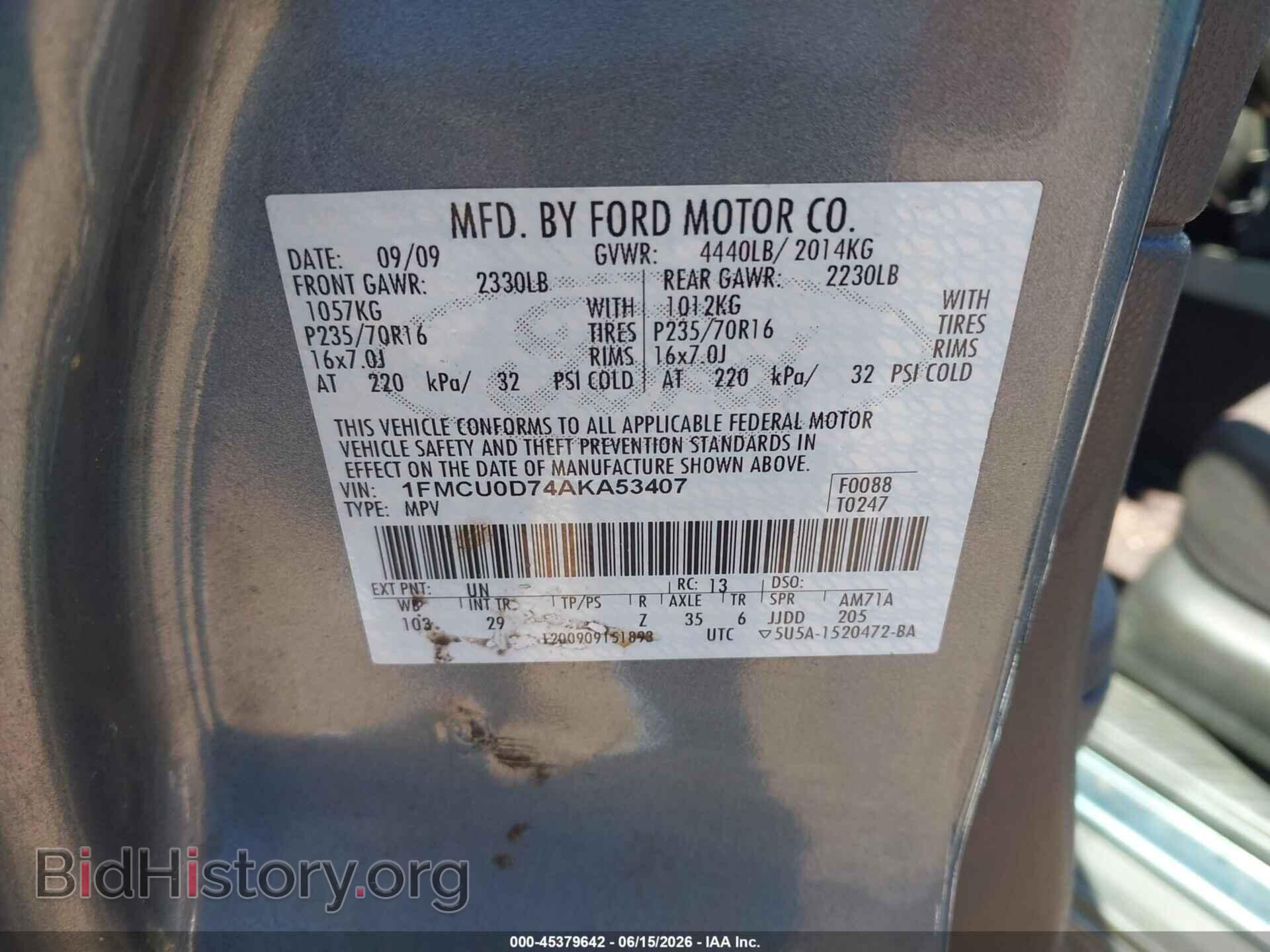 2010 FORD ESCAPE - VIN: 1FMCU0D74AKA53407 - Фото 9