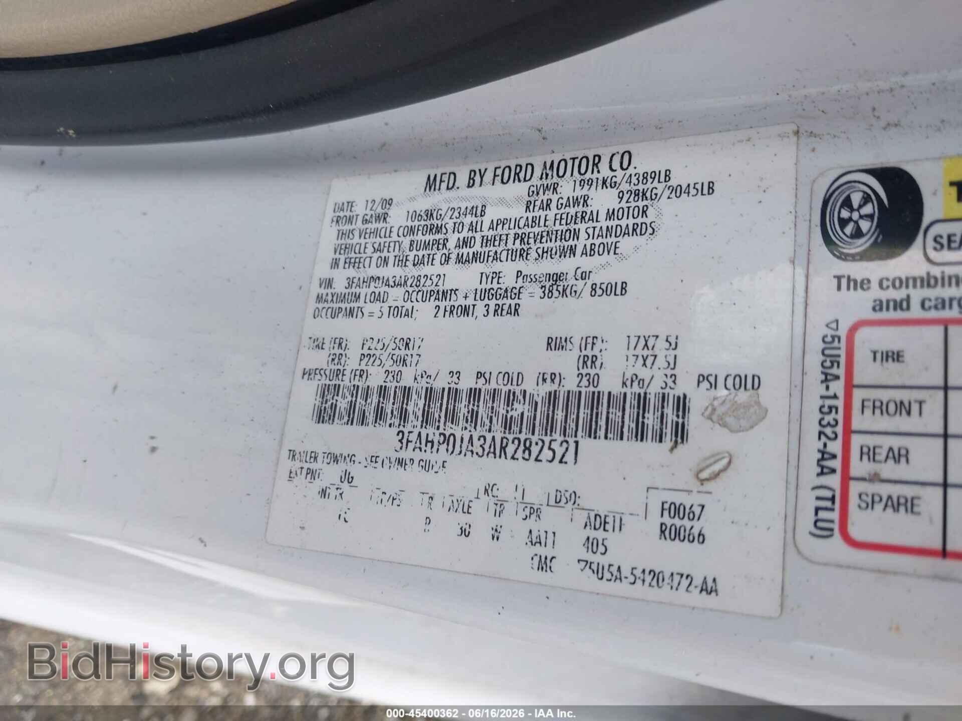 2010 FORD FUSION - VIN: 3FAHP0JA3AR282521 - Фото 9
