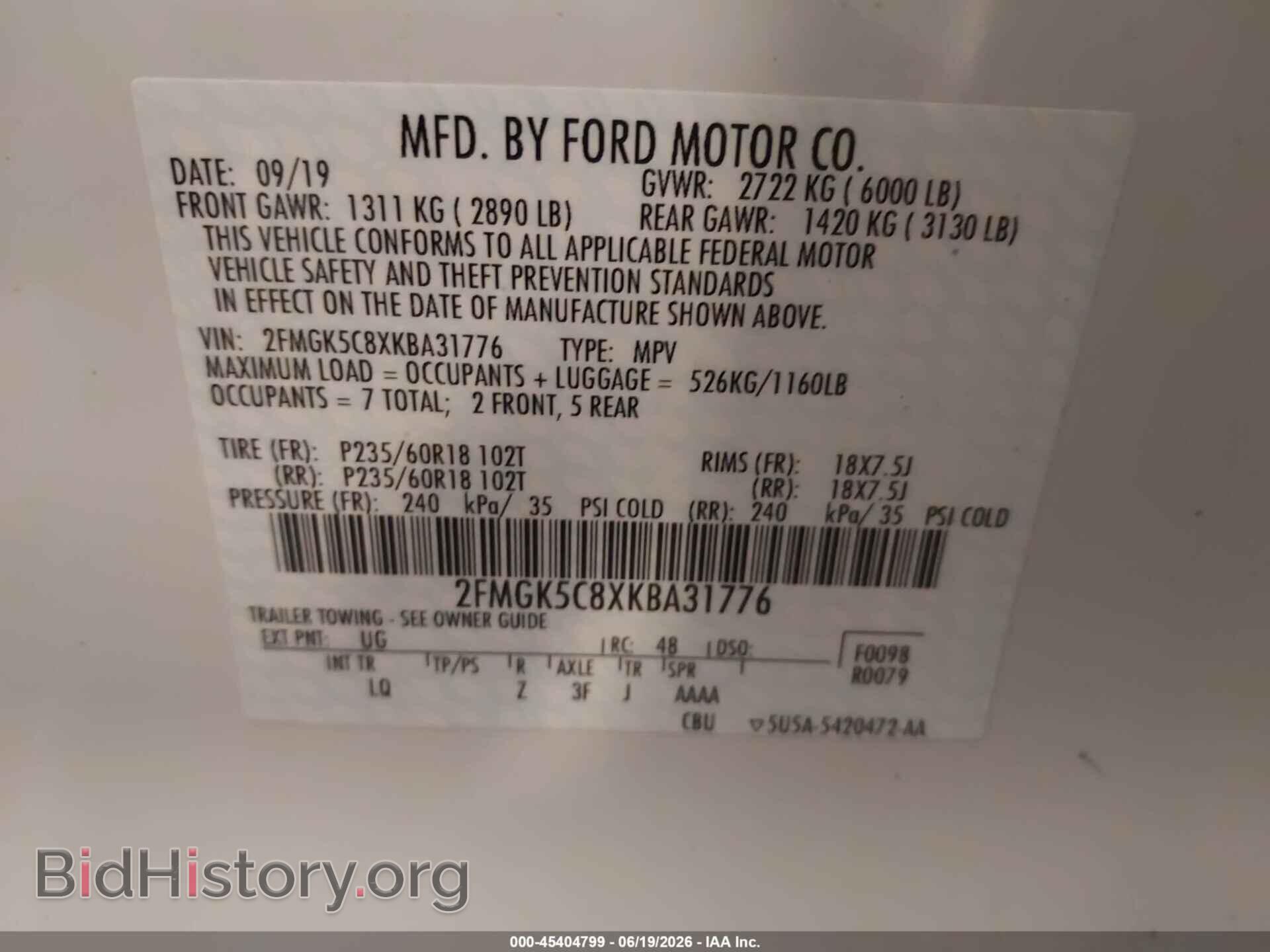 2019 FORD FLEX - VIN: 2FMGK5C8XKBA31776 - Photo 9