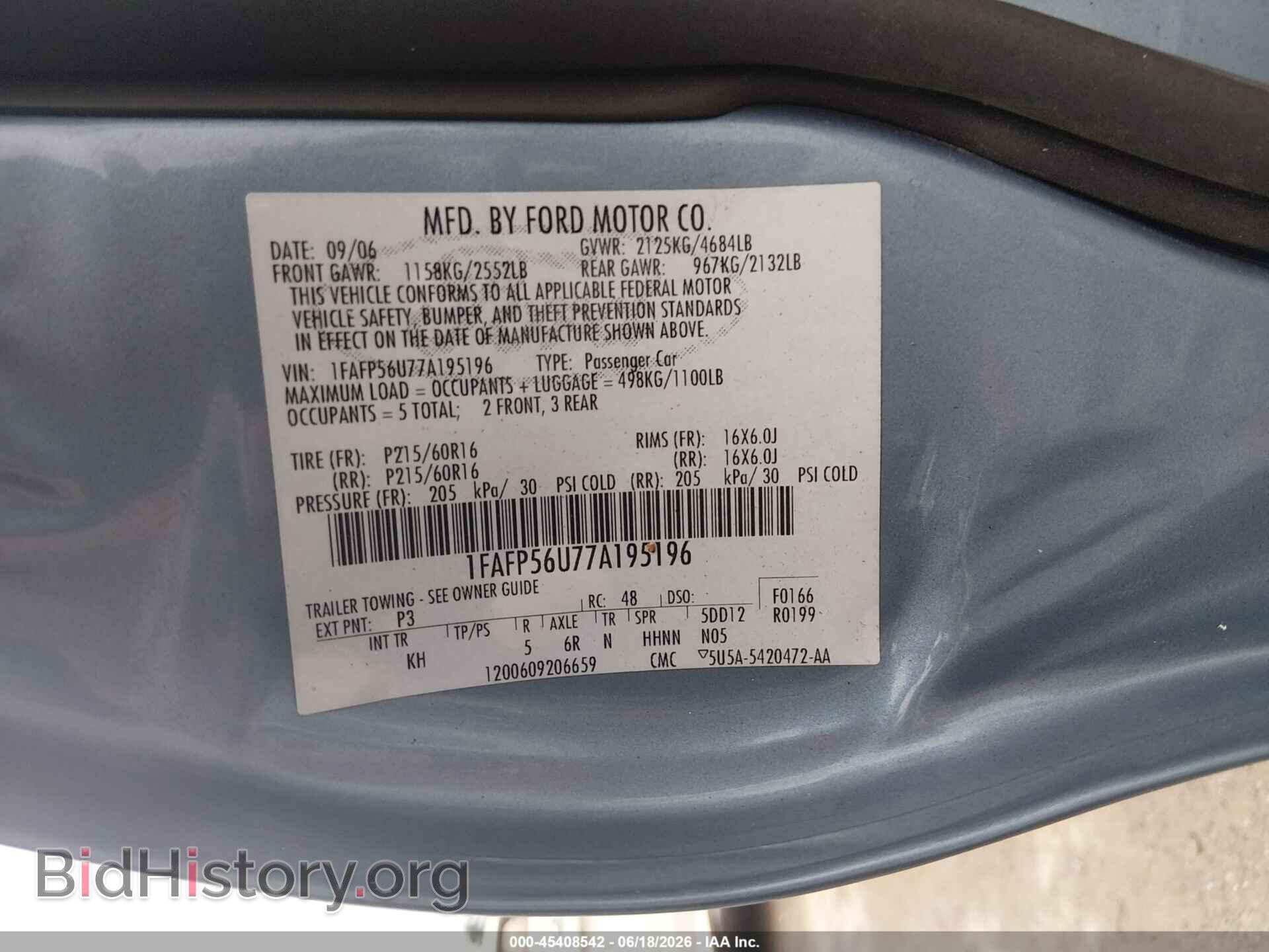 2007 FORD TAURUS - VIN: 1FAFP56U77A195196 - Photo 9