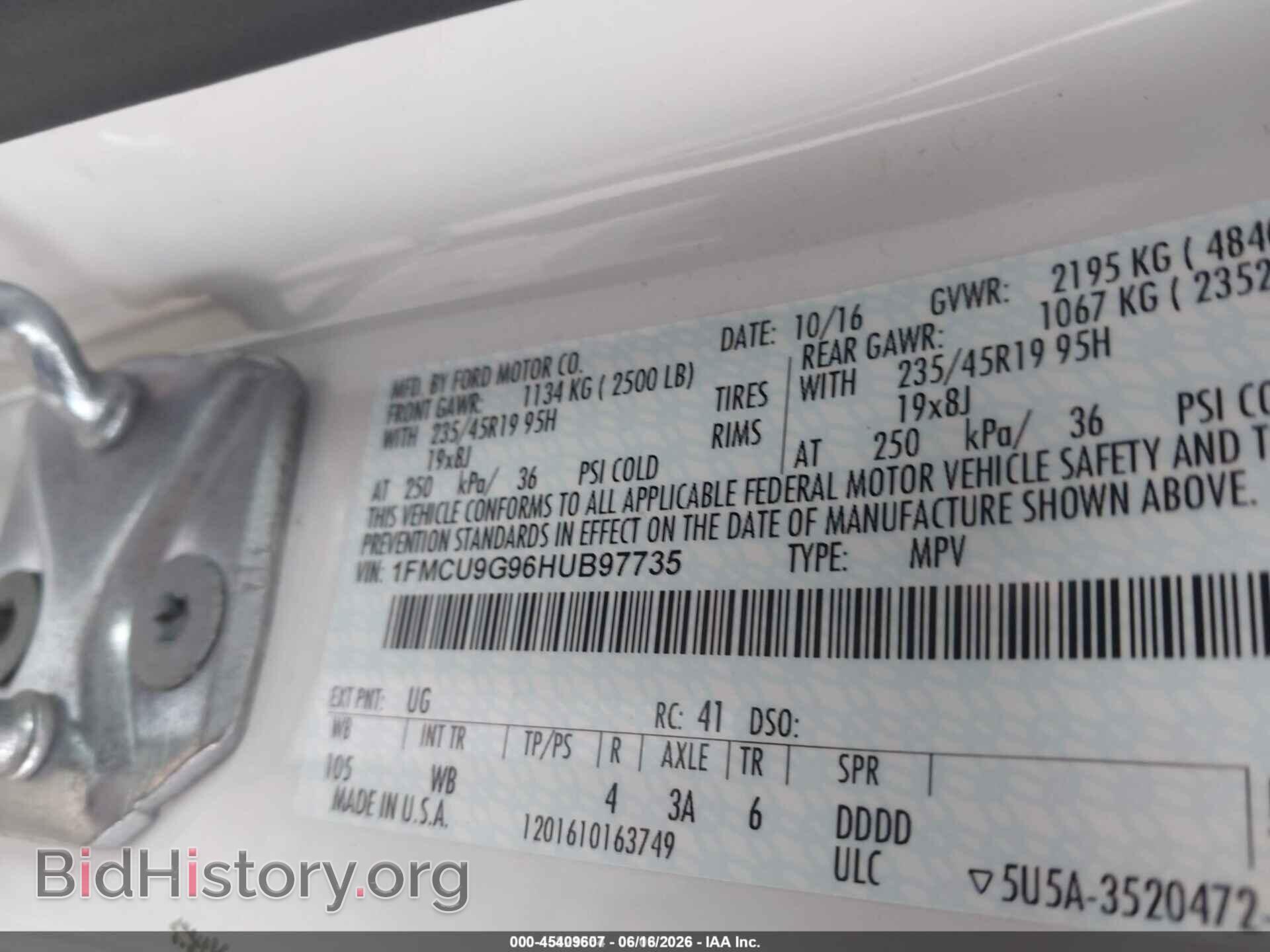 2017 FORD ESCAPE - VIN: 1FMCU9G96HUB97735 - Фото 9