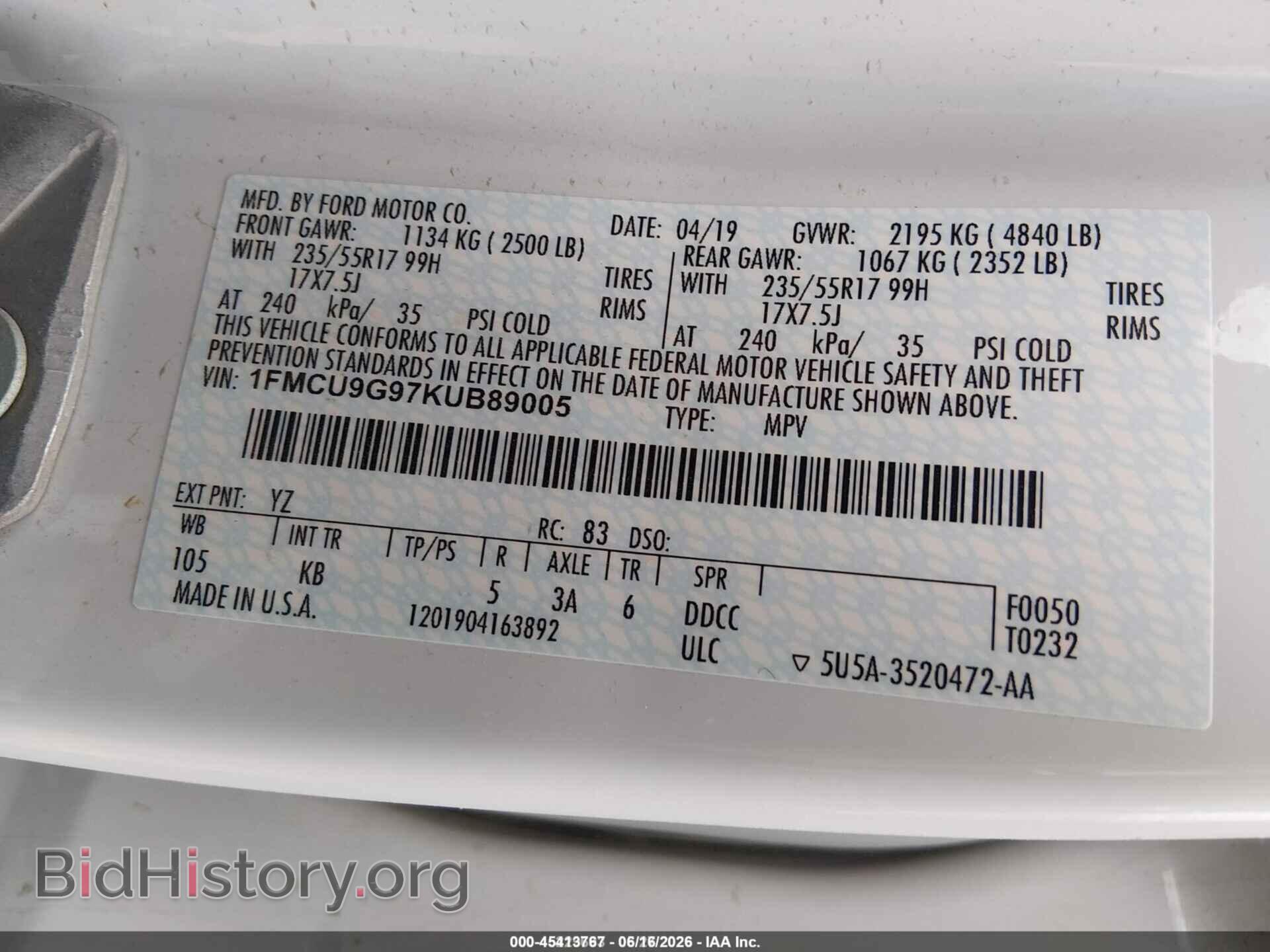 2019 FORD ESCAPE - VIN: 1FMCU9G97KUB89005 - Фото 9