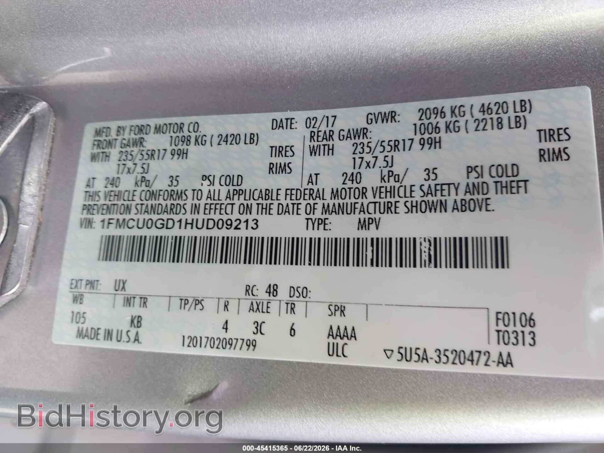 2017 FORD ESCAPE - VIN: 1FMCU0GD1HUD09213 - Фото 9