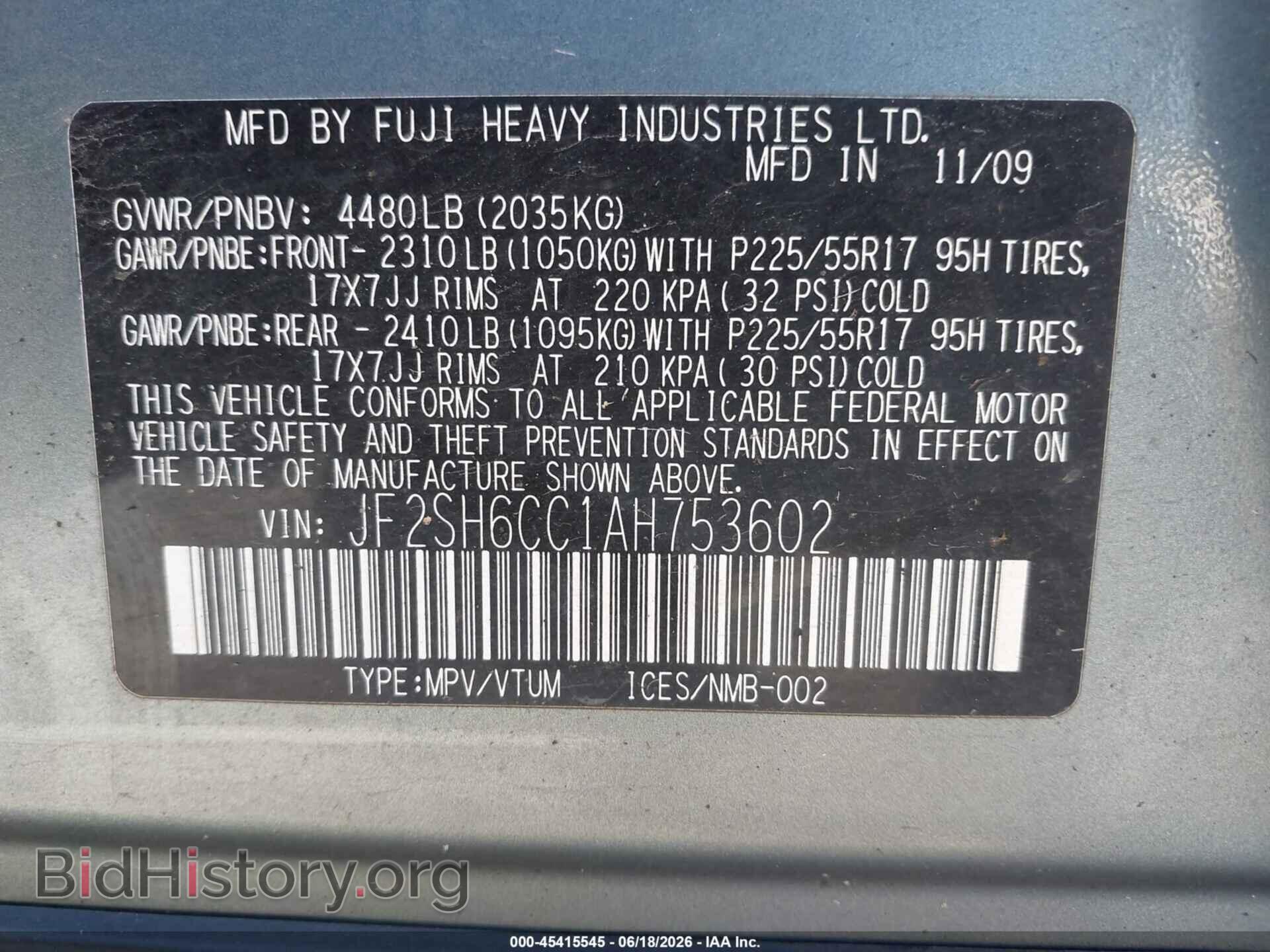 2010 SUBARU FORESTER - VIN: JF2SH6CC1AH753602 - Фото 9