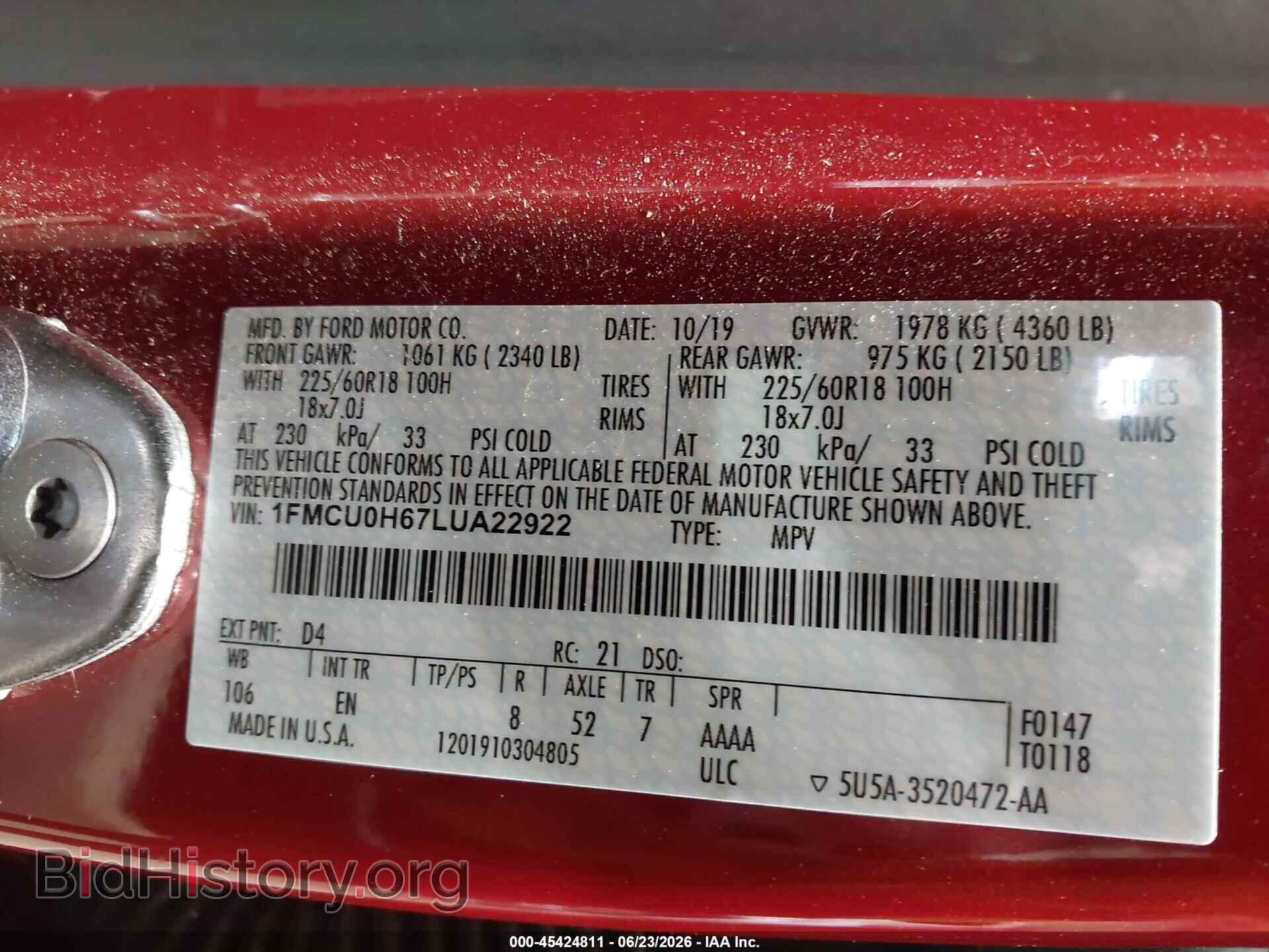 2020 FORD ESCAPE - VIN: 1FMCU0H67LUA22922 - Фото 9