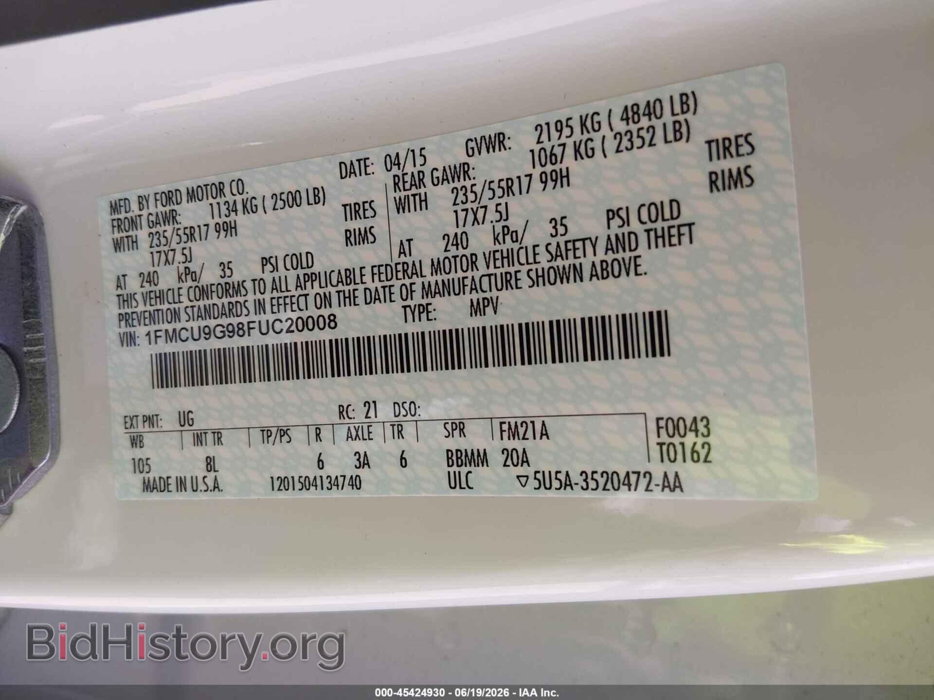 2015 FORD ESCAPE - VIN: 1FMCU9G98FUC20008 - Photo 9
