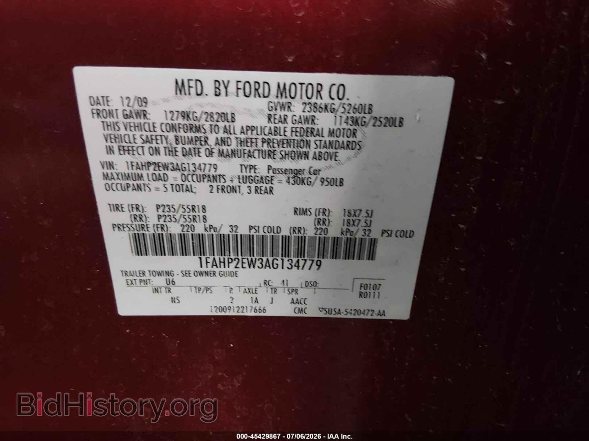 2010 FORD TAURUS - VIN: 1FAHP2EW3AG134779 - Фото 9