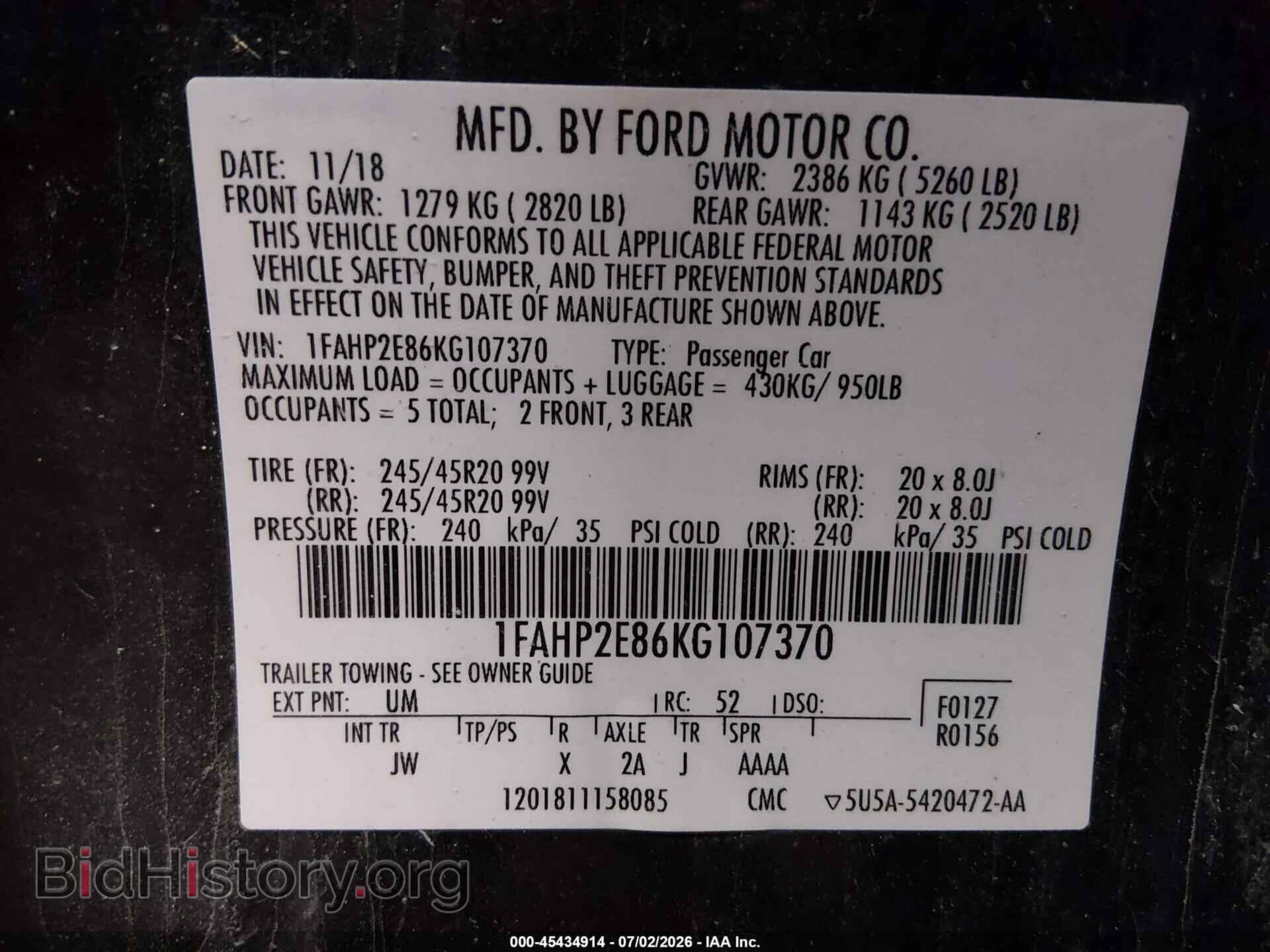 2019 FORD TAURUS - VIN: 1FAHP2E86KG107370 - Photo 9