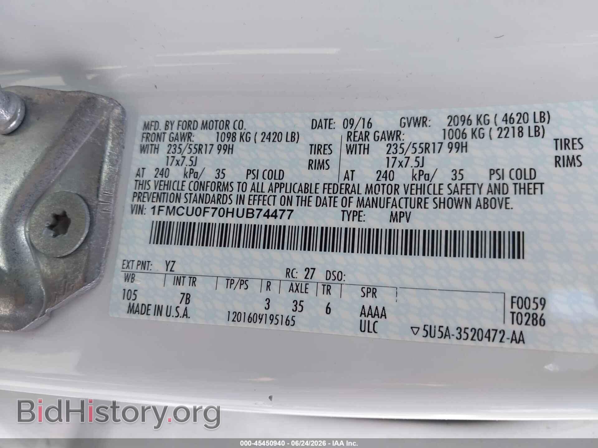 2017 FORD ESCAPE - VIN: 1FMCU0F70HUB74477 - Фото 9