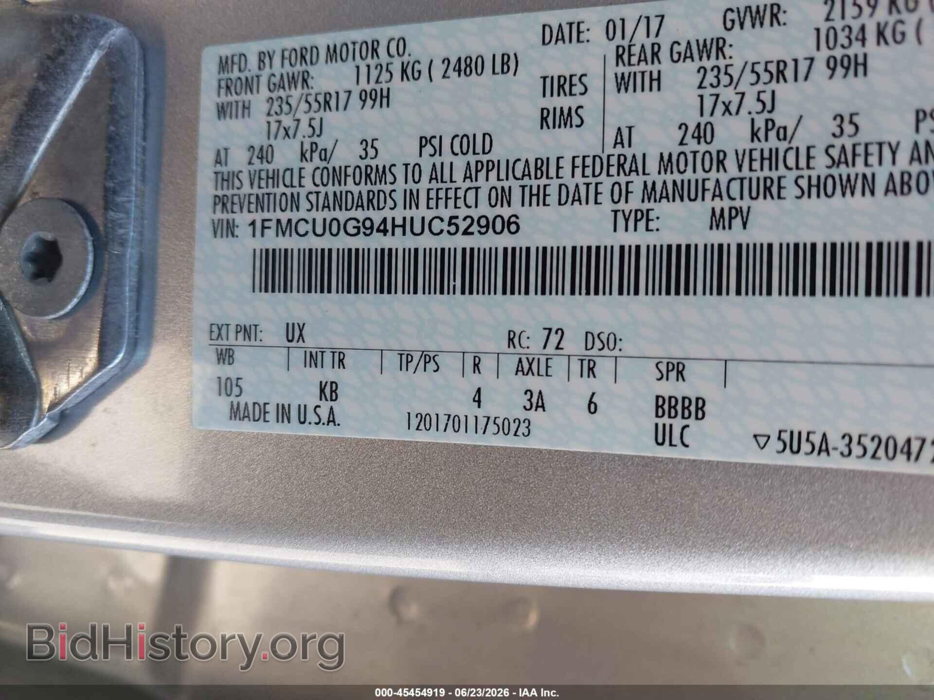2017 FORD ESCAPE - VIN: 1FMCU0G94HUC52906 - Фото 9