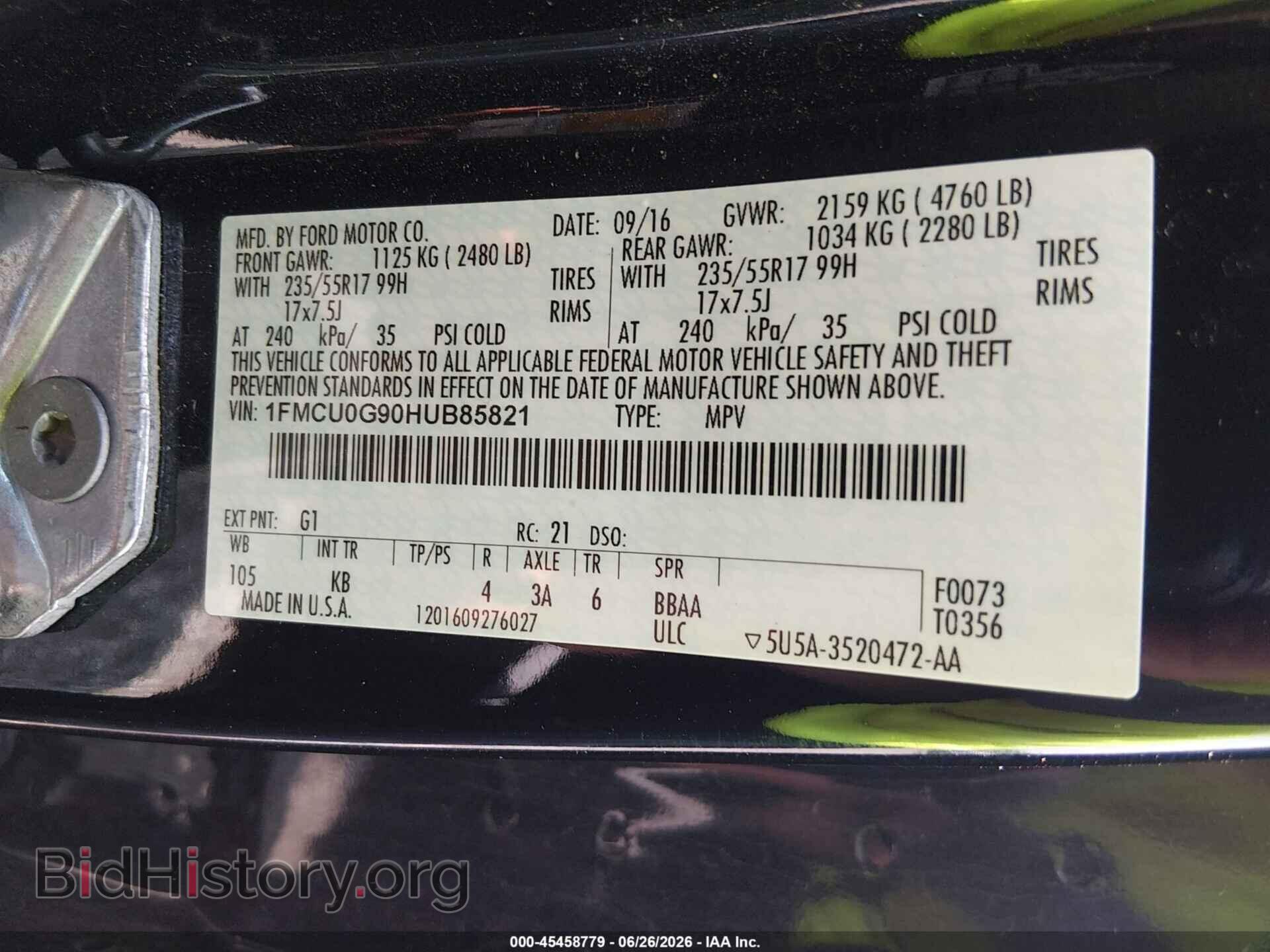 2017 FORD ESCAPE - VIN: 1FMCU0G90HUB85821 - Фото 9