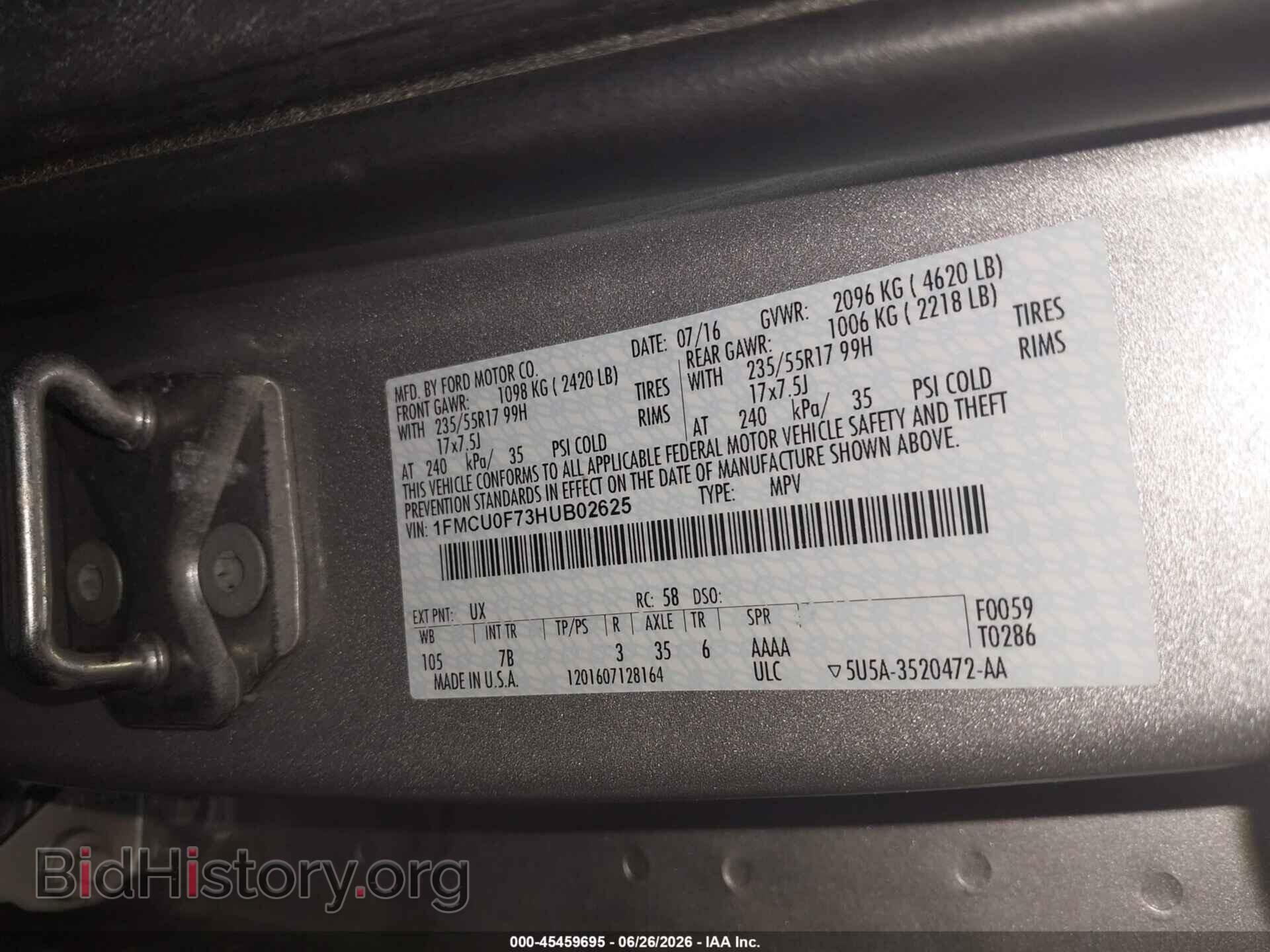 2017 FORD ESCAPE - VIN: 1FMCU0F73HUB02625 - Фото 9