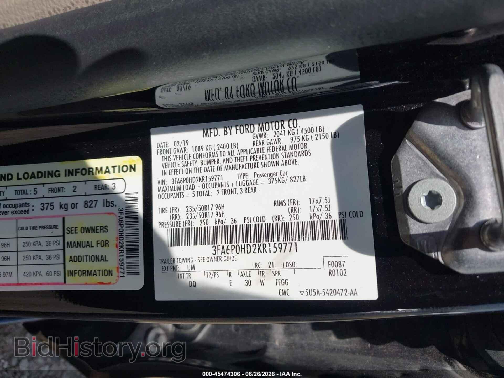 2019 FORD FUSION - VIN: 3FA6P0HD2KR159771 - Фото 9