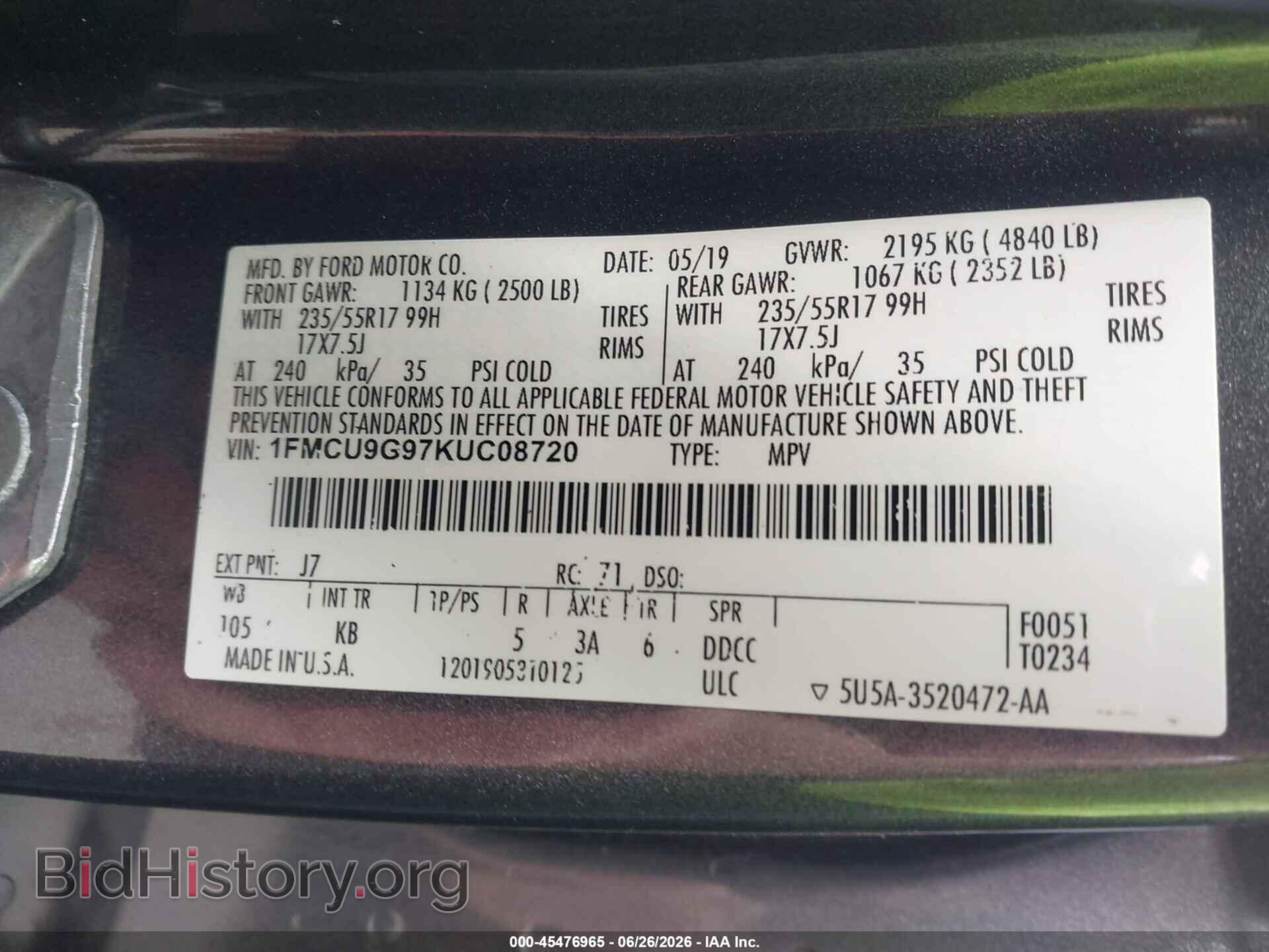 2019 FORD ESCAPE - VIN: 1FMCU9G97KUC08720 - Фото 9